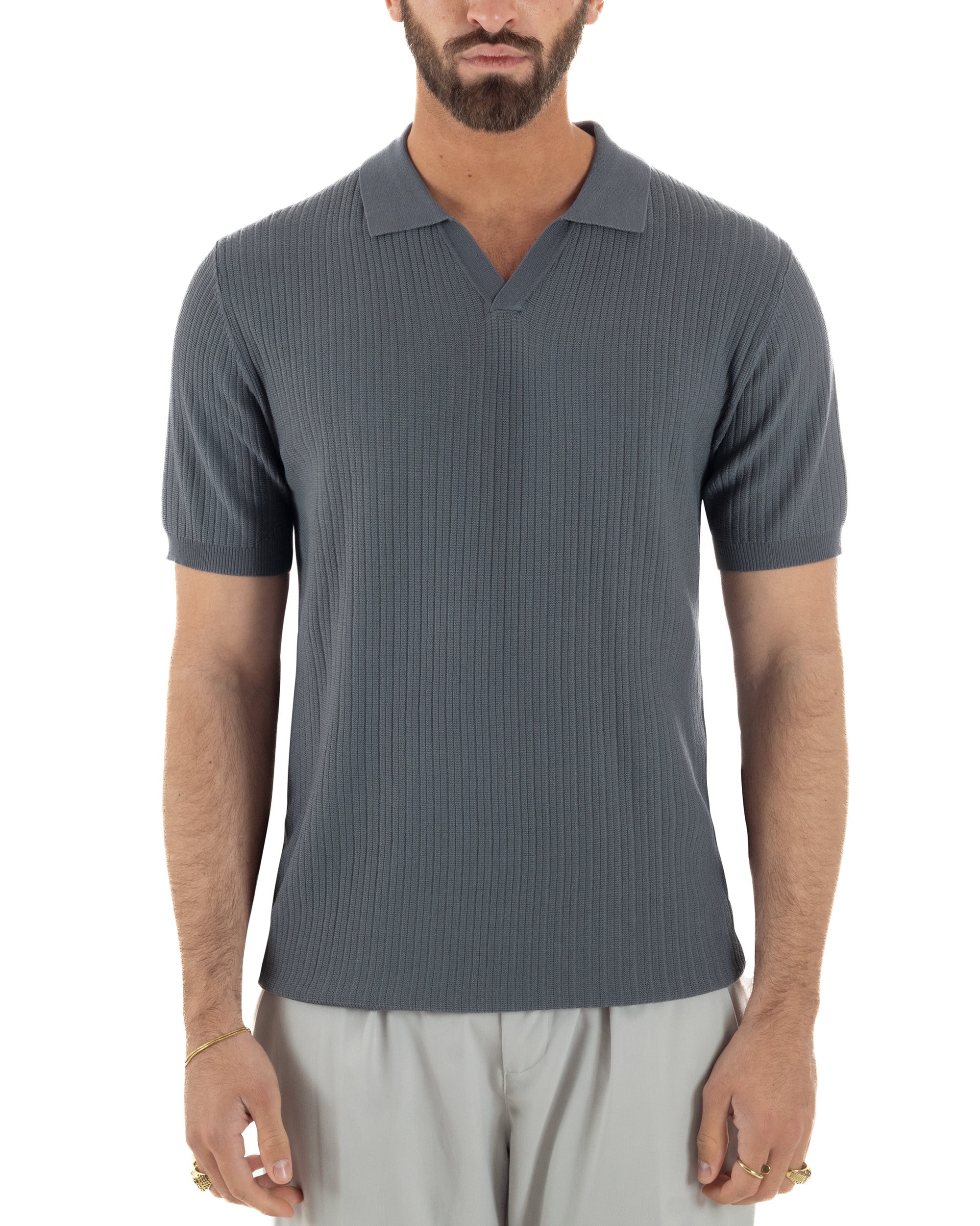 Vista completa polo uomo piombo costine scollo v leggera traspirante estiva