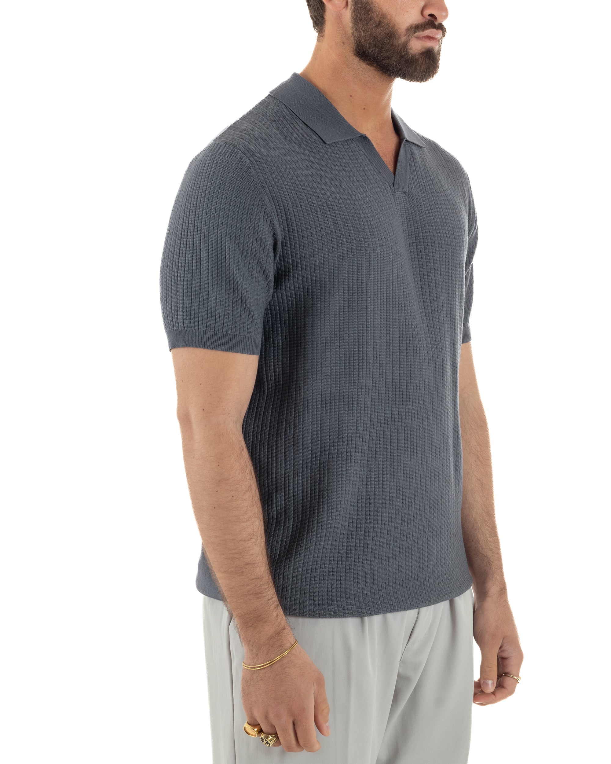 Dettaglio maglia filo costine polo piombo 79% viscosa regular fit uomo