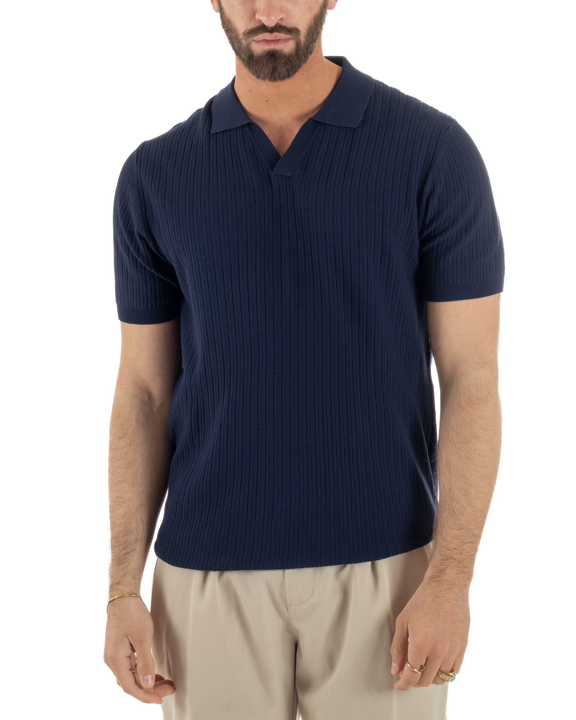 Vista completa polo uomo blu costine scollo v leggera traspirante estiva
