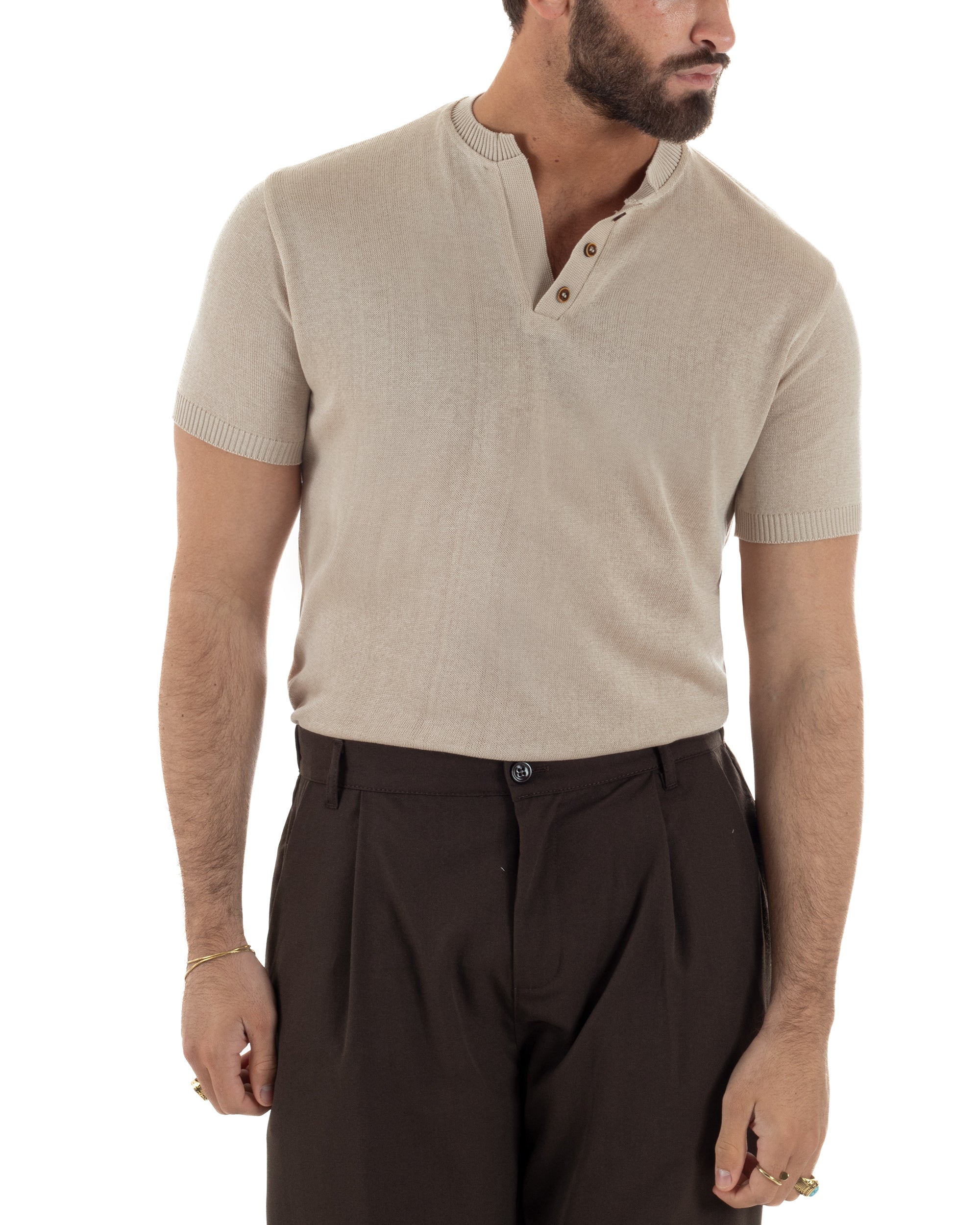 Polo uomo beige filo maglia colletto serafino 3 bottoni tono su tono regular fit