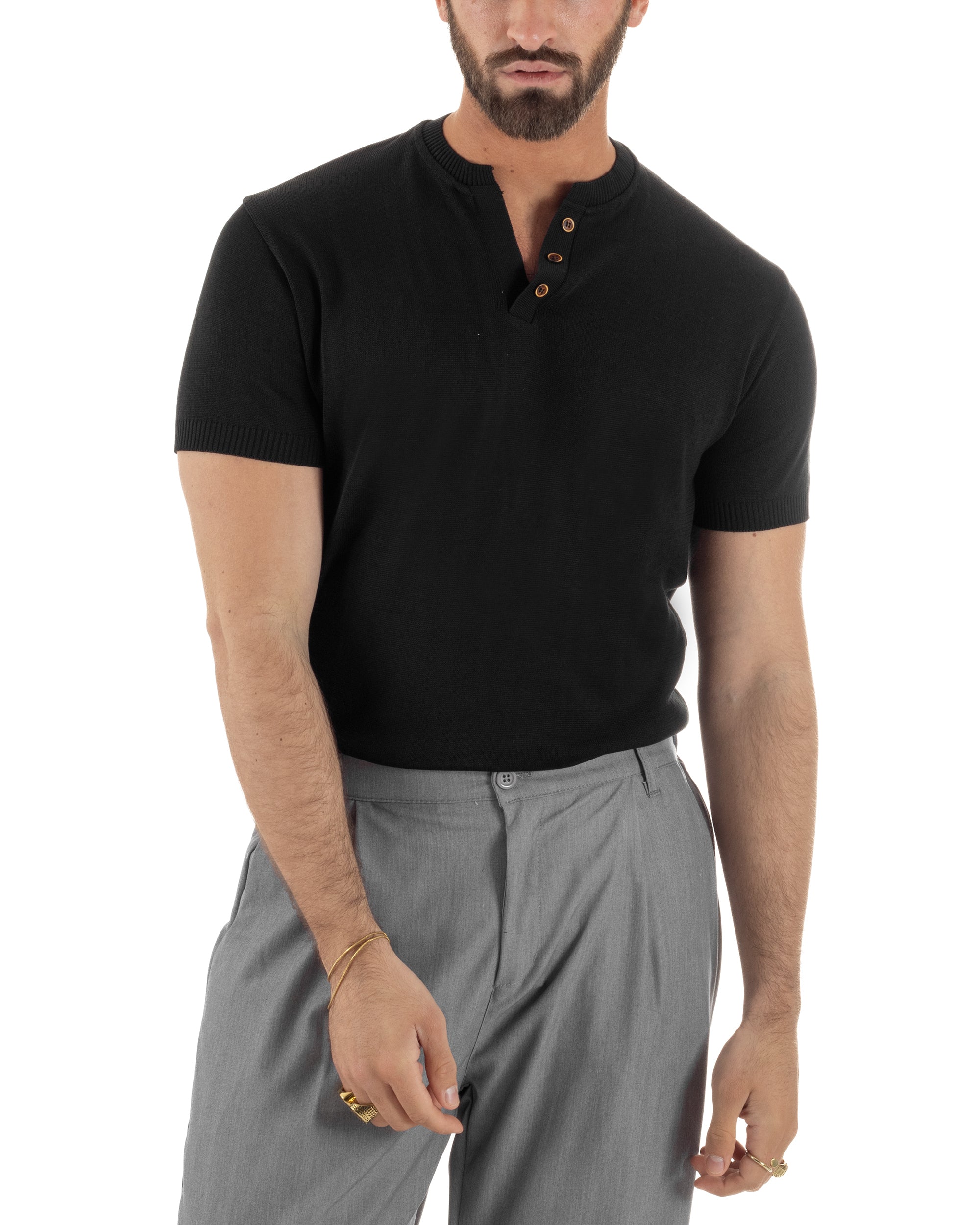 Polo uomo nero filo maglia colletto serafino 3 bottoni tono su tono regular fit