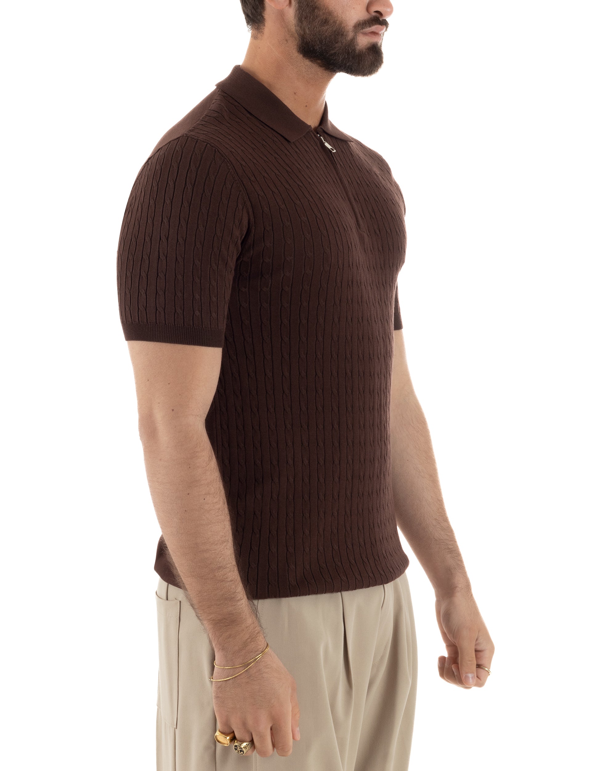 Polo uomo filo maglia trecce colletto con zip t-shirt sottogiacca leggera marrone GIOSAL-TS3224A
