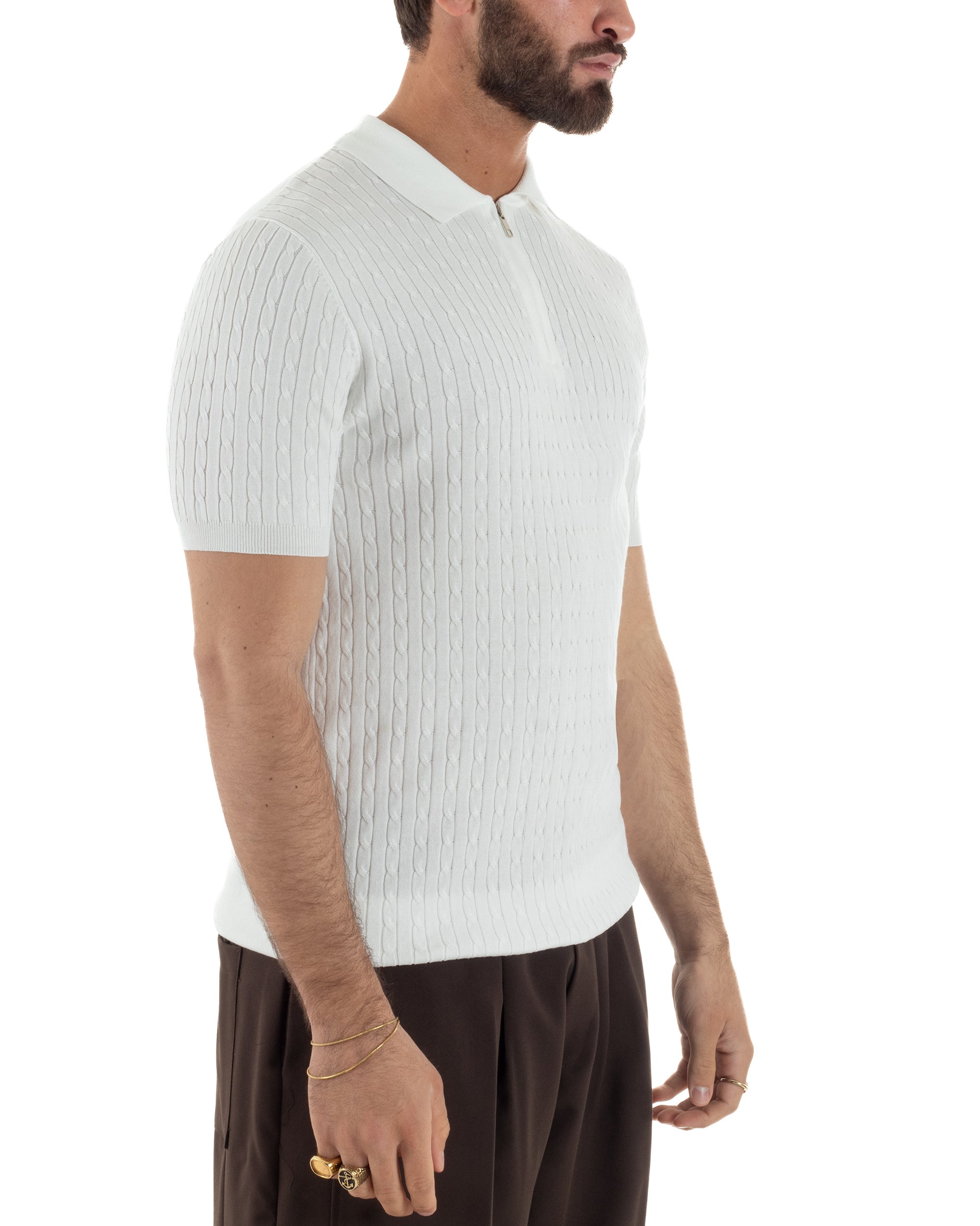 Vista completa polo uomo bianco costine colletto zip leggera casual elegante