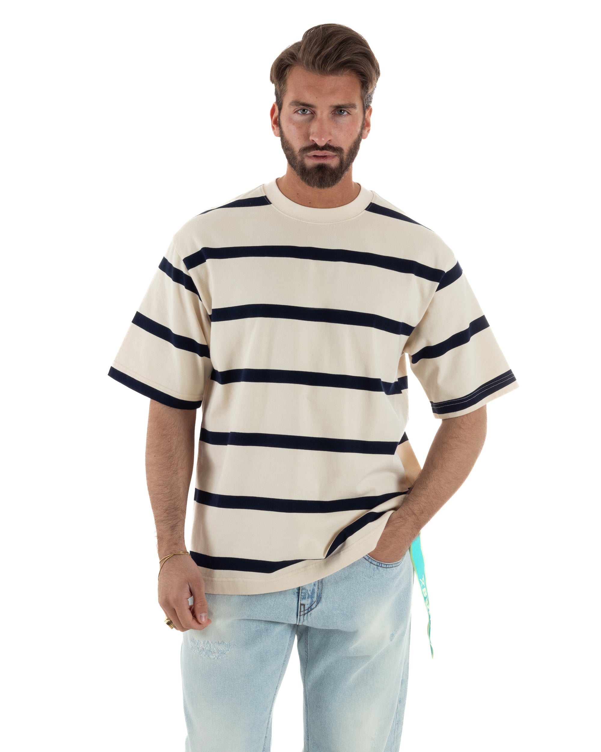 T-shirt bicolore uomo righe orizzontali panna blu boxy fit 100% cotone Berna