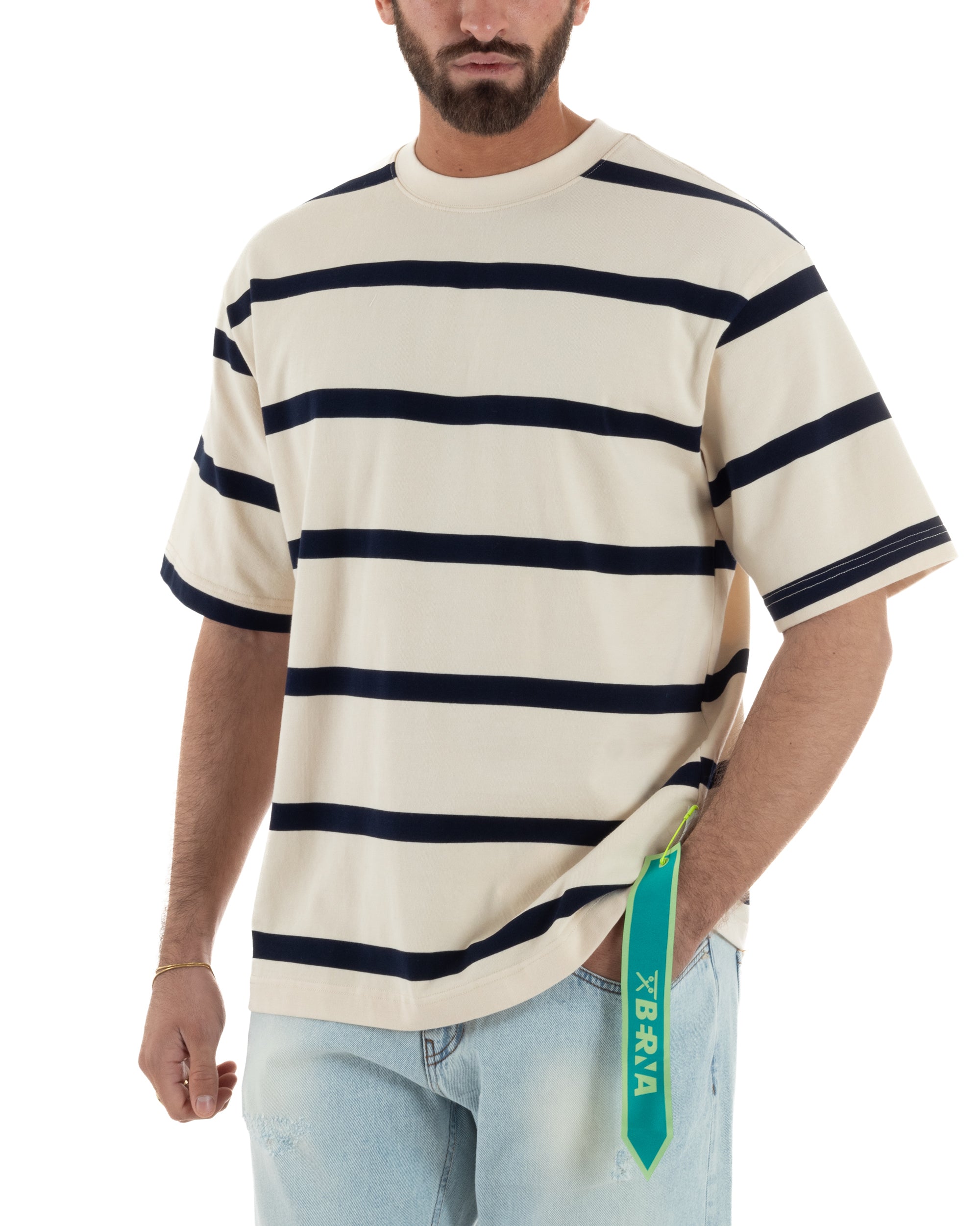 T-shirt uomo maxi righe panna blu boxy fit cotone casual street Berna