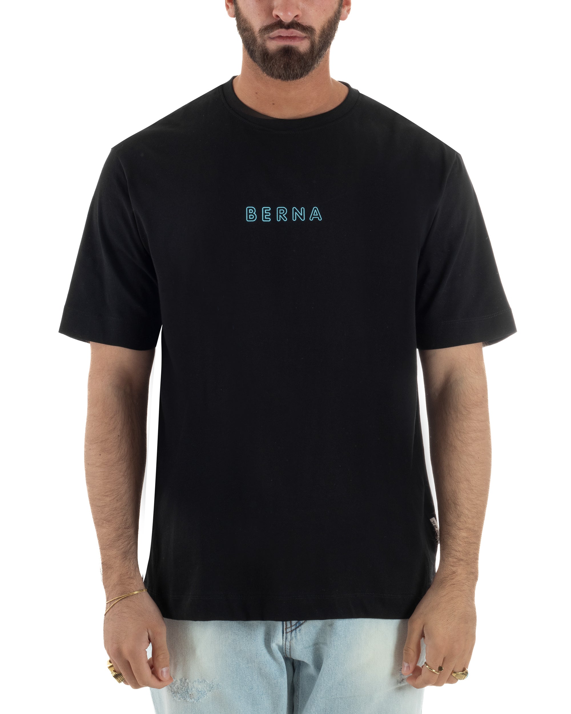 Vista completa t-shirt uomo nero regular fit aquila azteca 100% cotone made in Italy