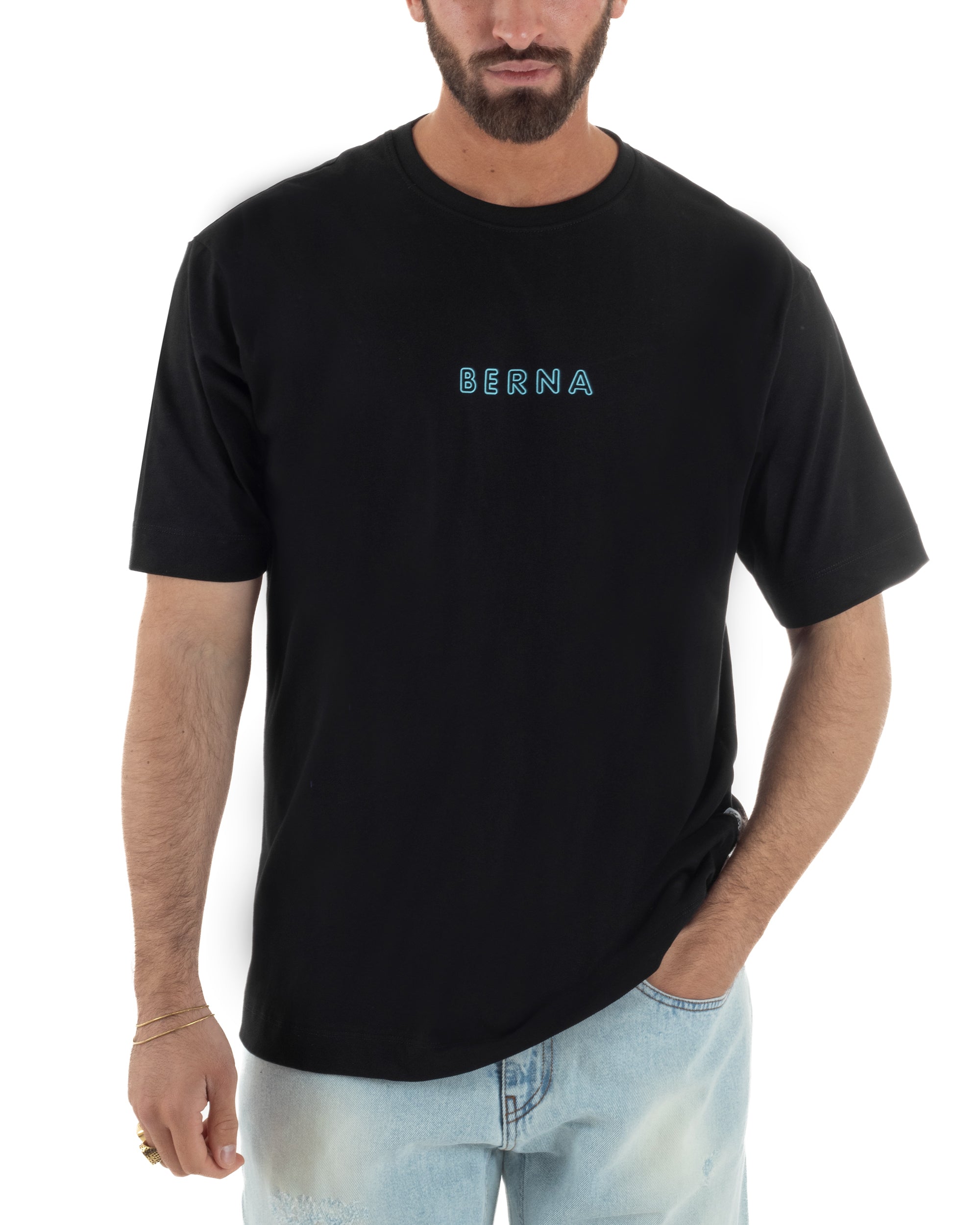 T-shirt uomo nero maxi stampa aquila azteca rilievo retro regular fit Berna