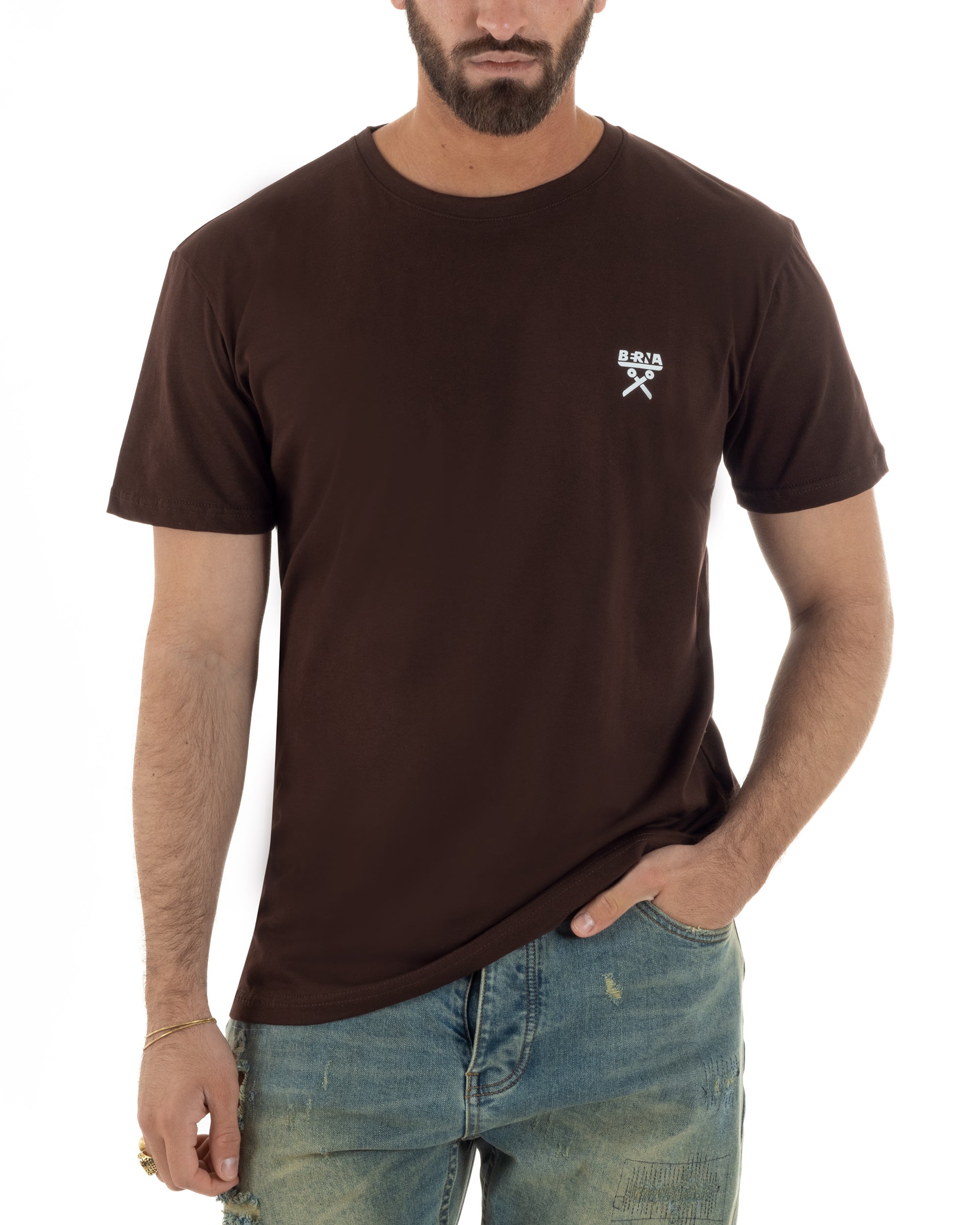 T-shirt uomo cotone logata regular fit basic marrone BERNA M-261062