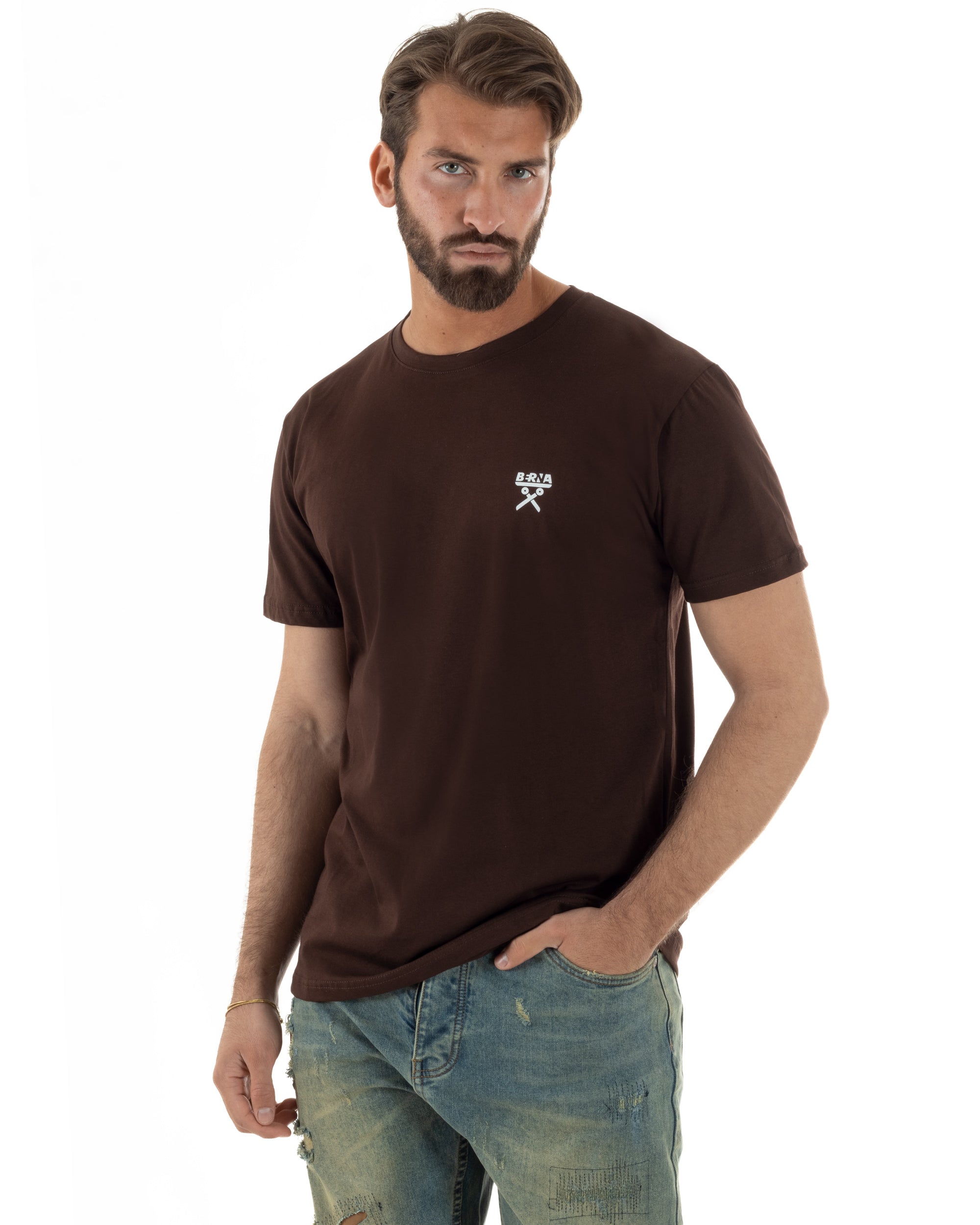 T-shirt uomo cotone logata regular fit basic marrone BERNA M-261062