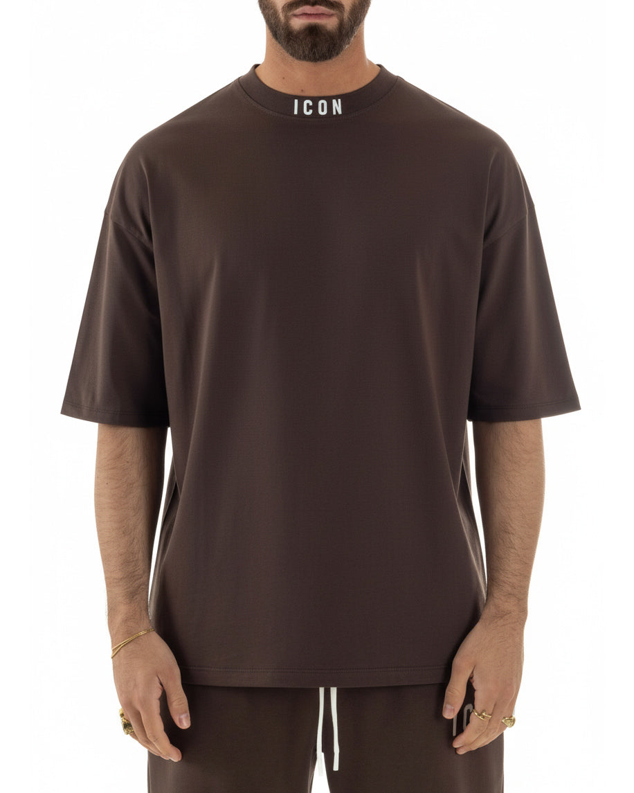 T-shirt uomo mezzo collo stampa basic oversize gola alta marrone ICON IUT008
