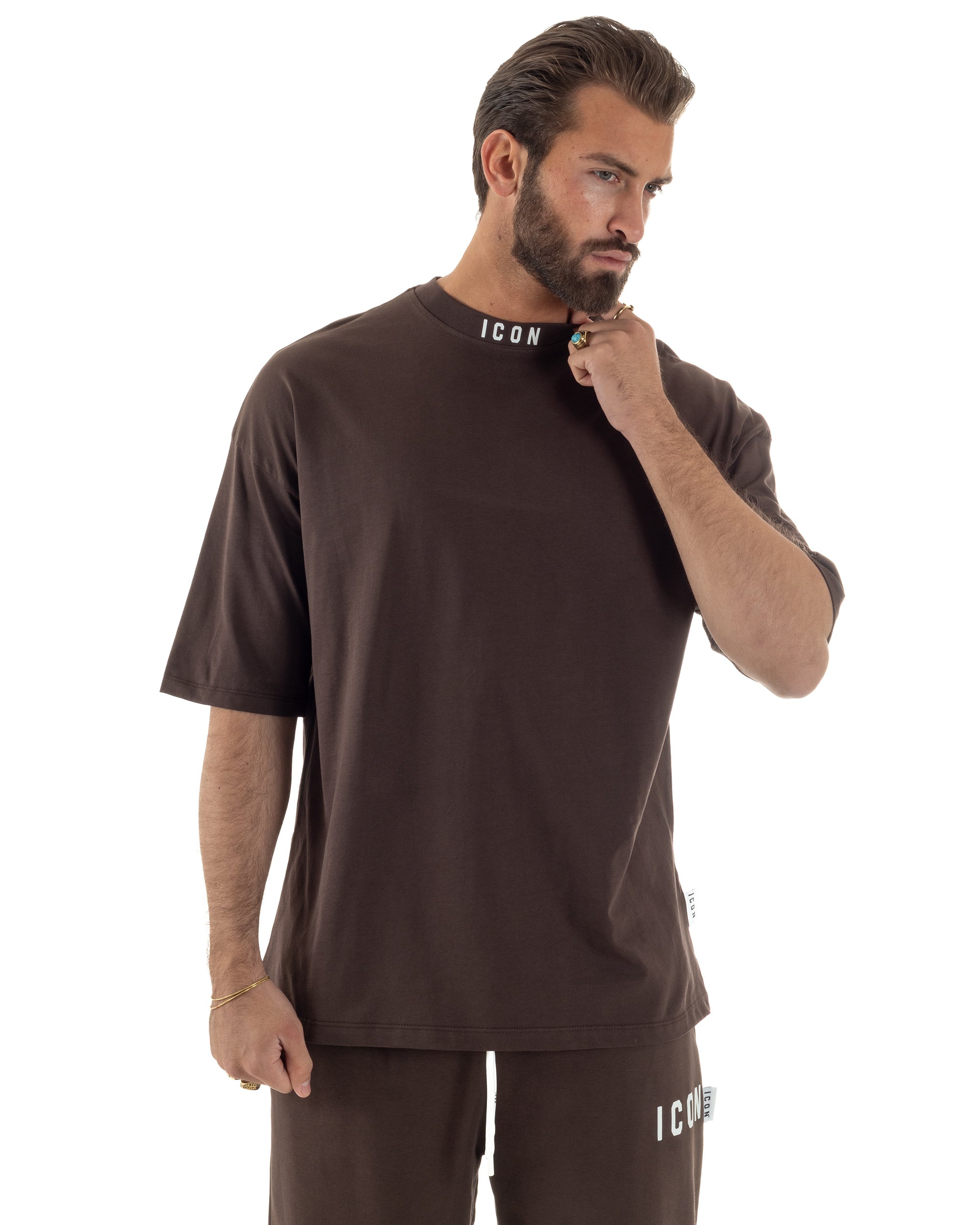 T-shirt uomo mezzo collo stampa basic oversize gola alta marrone ICON IUT008
