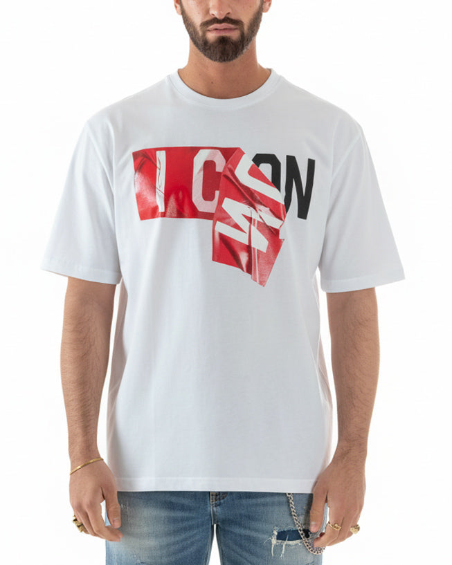 Vista frontale t-shirt bianca uomo Icon stampa nastri sovrapposti rilievo 3D oversize