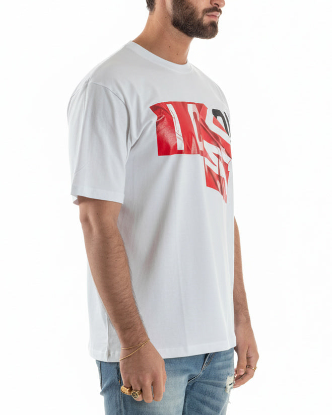 Vista completa t-shirt uomo bianco oversize girocollo rilievo lucido 100% cotone Icon