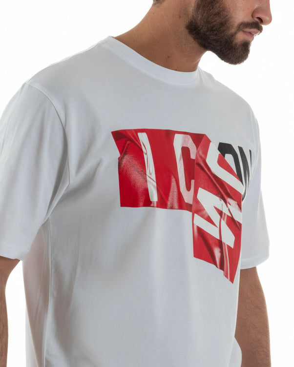 Dettaglio stampa rilievo lucido logo Icon effetto nastri sfalsati t-shirt bianco uomo