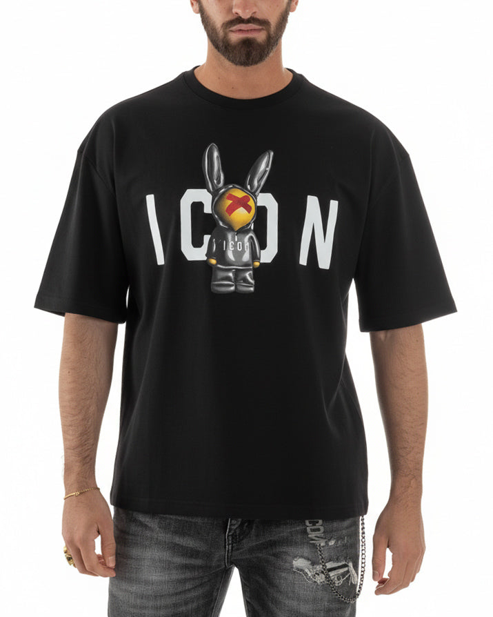 T-shirt uomo girocollo stampa pupazzo basic nero ICON IUT026