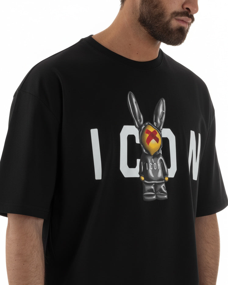 T-shirt uomo girocollo stampa pupazzo basic nero ICON IUT026