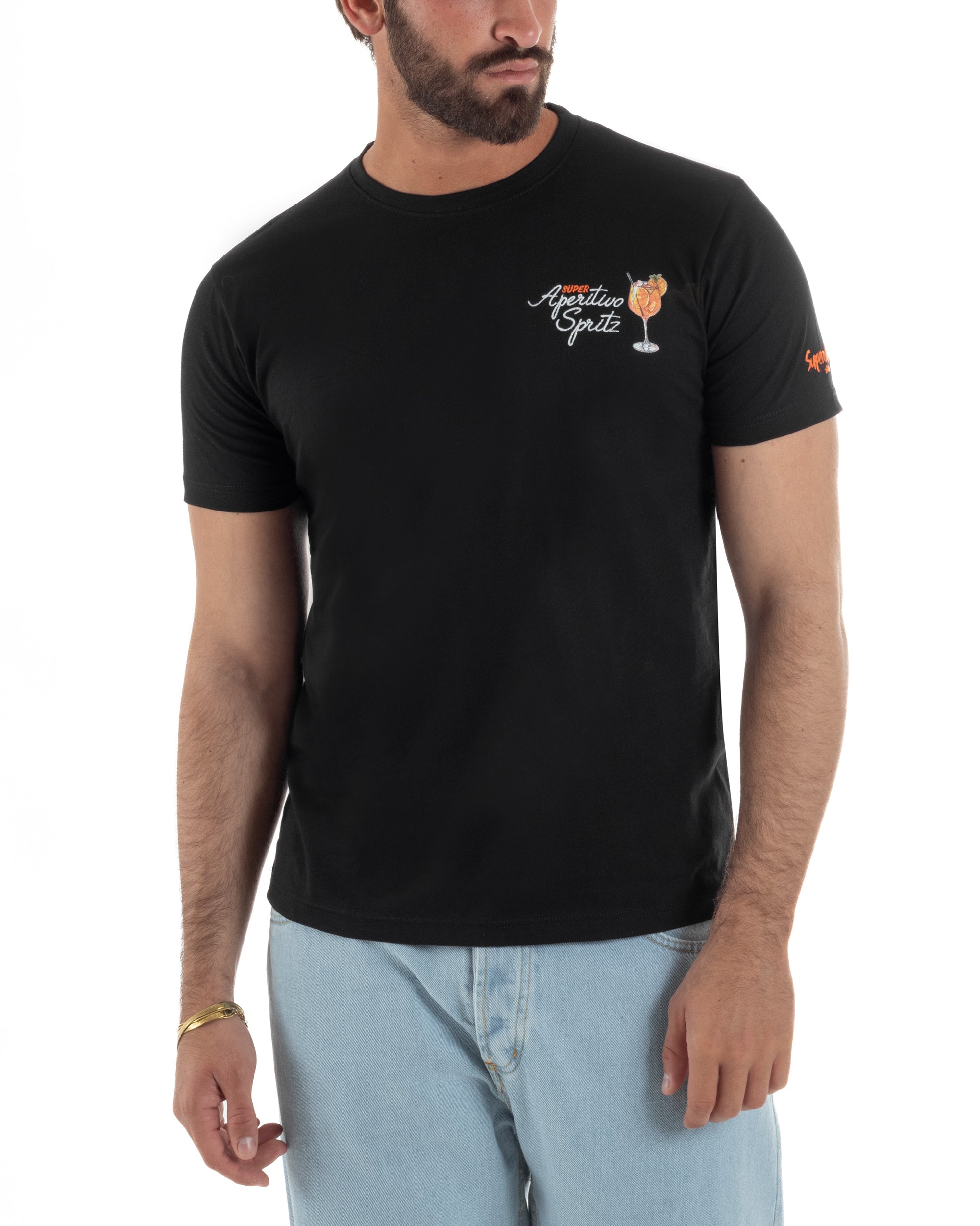 T-shirt uomo nero regular fit ricamo Super Aperitivo Spritz petto sinistro Superculture