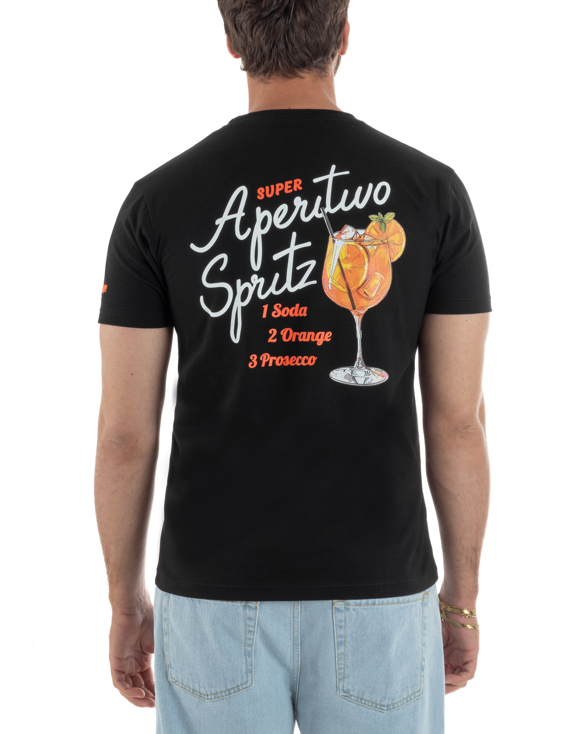 Vista posteriore t-shirt uomo nero girocollo ricamo stampa 100% cotone made in Italy