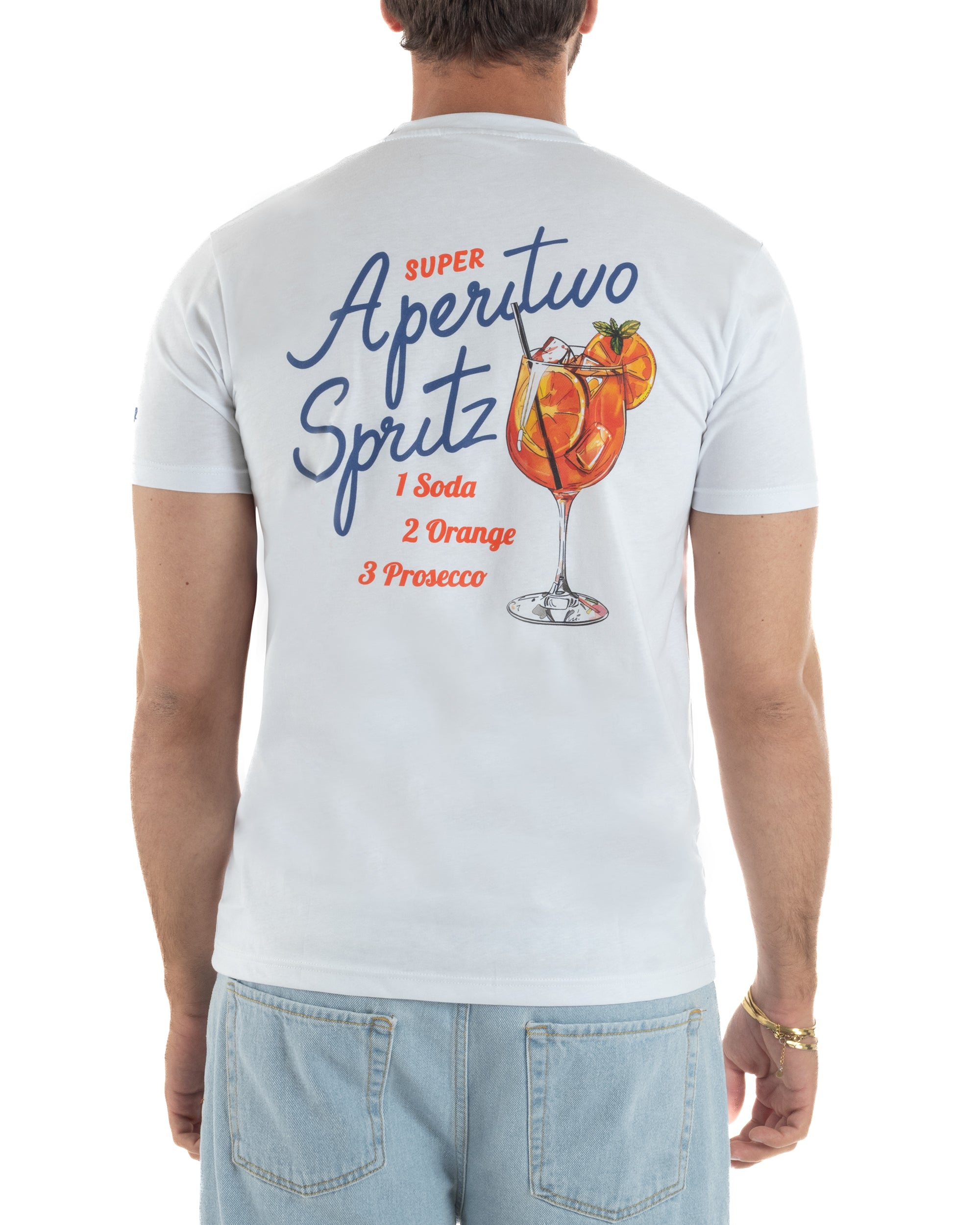 Vista posteriore t-shirt uomo bianco girocollo ricamo stampa 100% cotone made in Italy