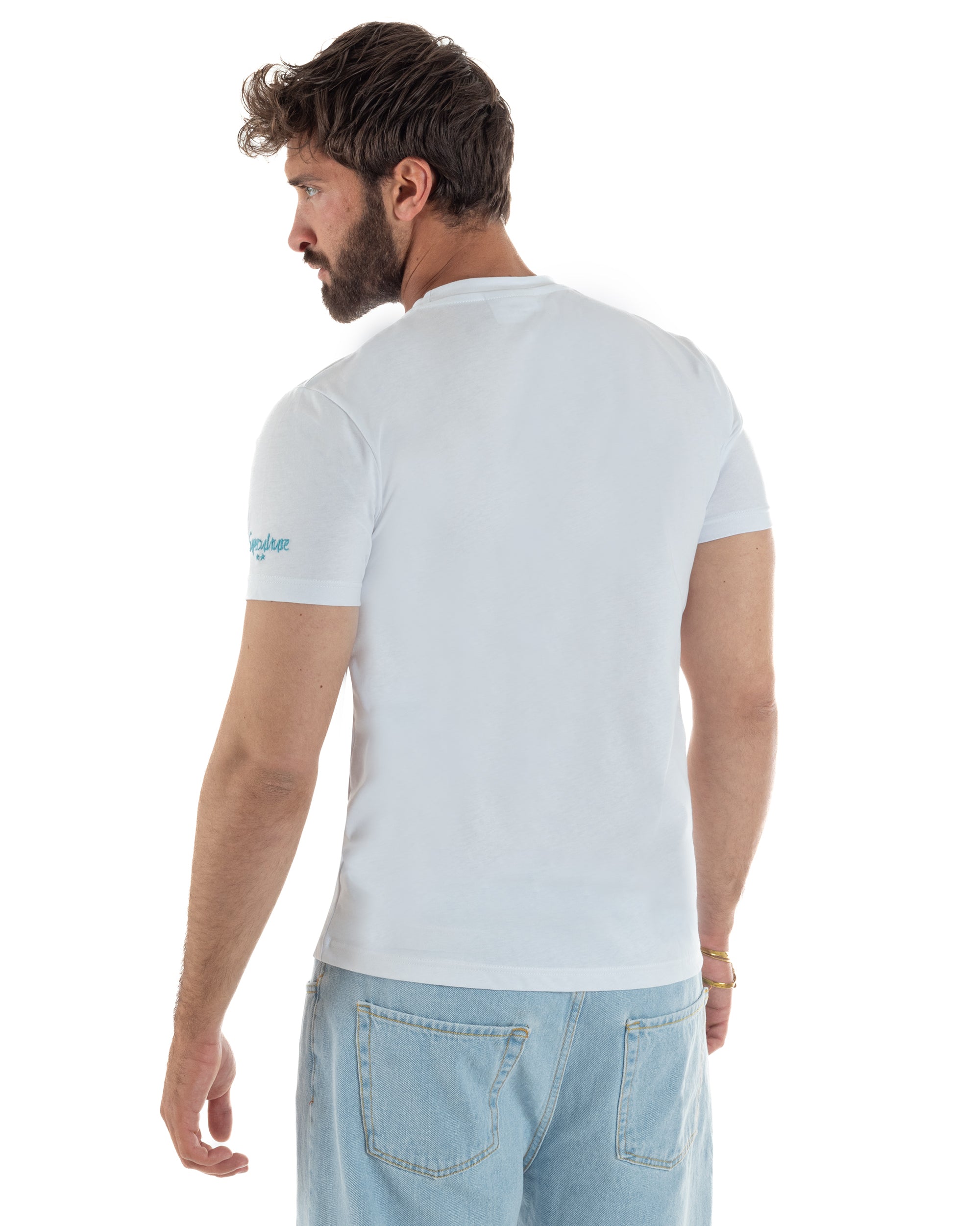 Vista completa posteriore t-shirt uomo bianco girocollo ricamo fronte retro pulito 100% cotone made in Italy