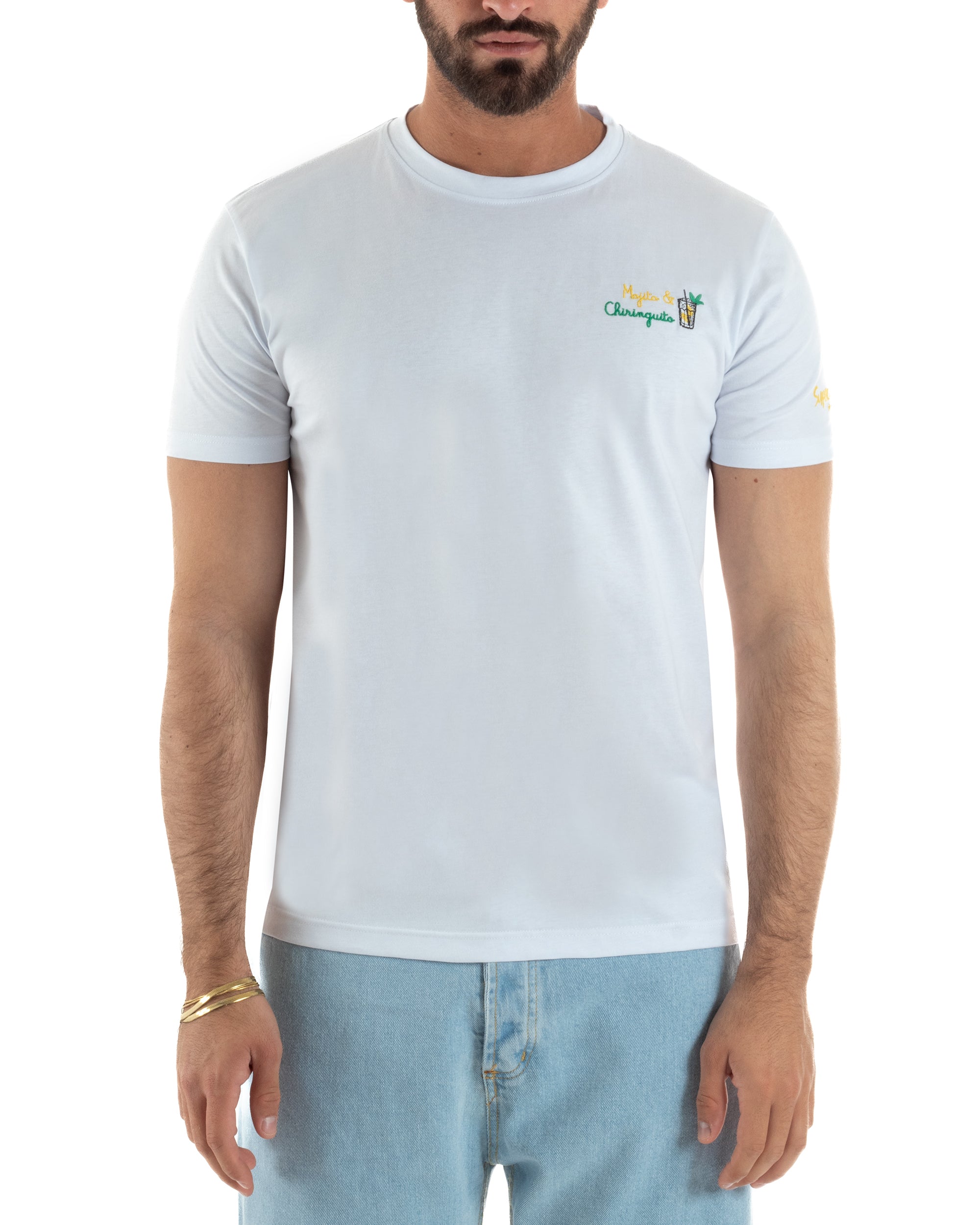 Vista frontale t-shirt bianca uomo ricamo multicolore Mojito filo giallo verde Superculture