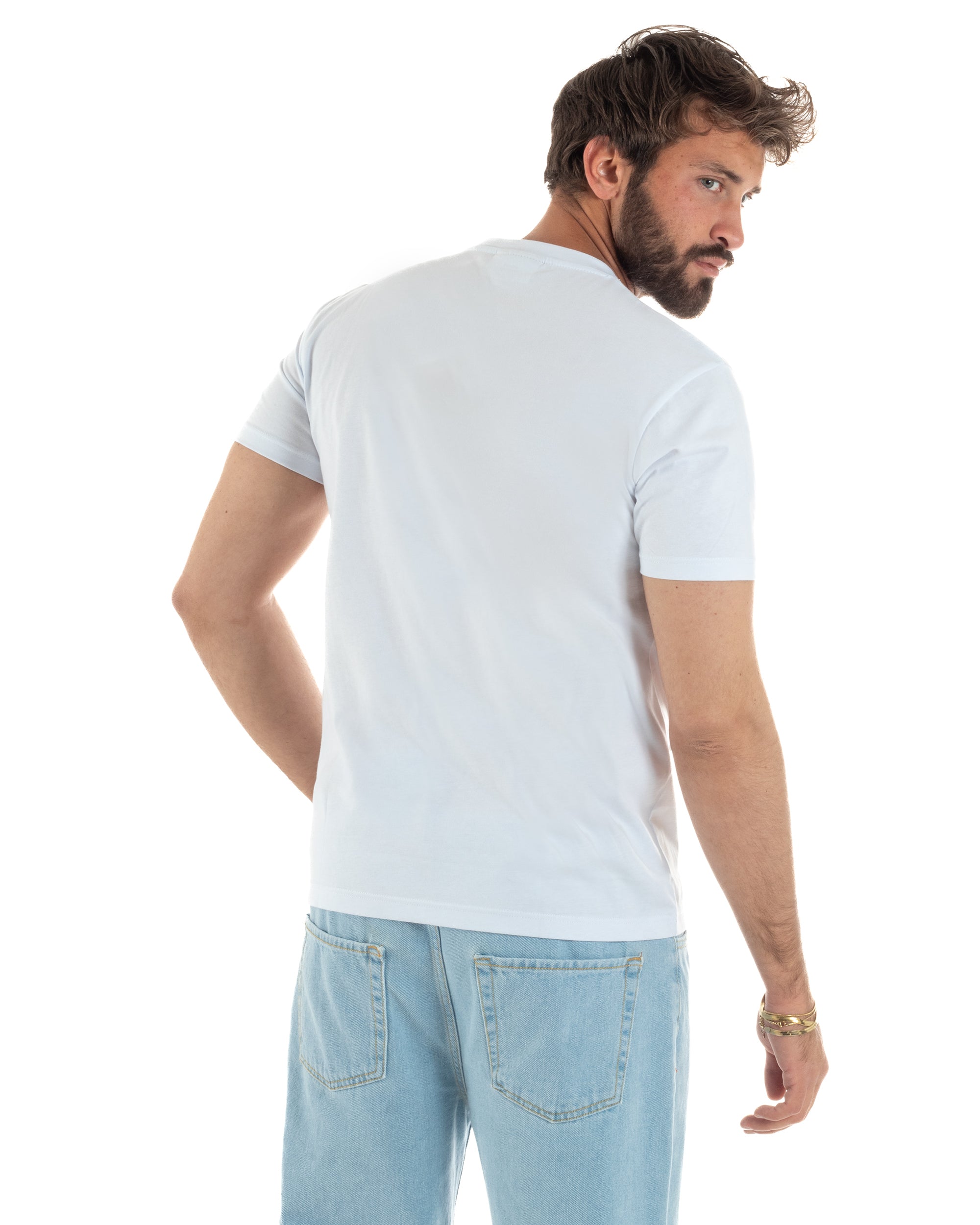Vista posteriore t-shirt uomo bianco girocollo ricamo Mojito retro pulito 100% cotone made in Italy