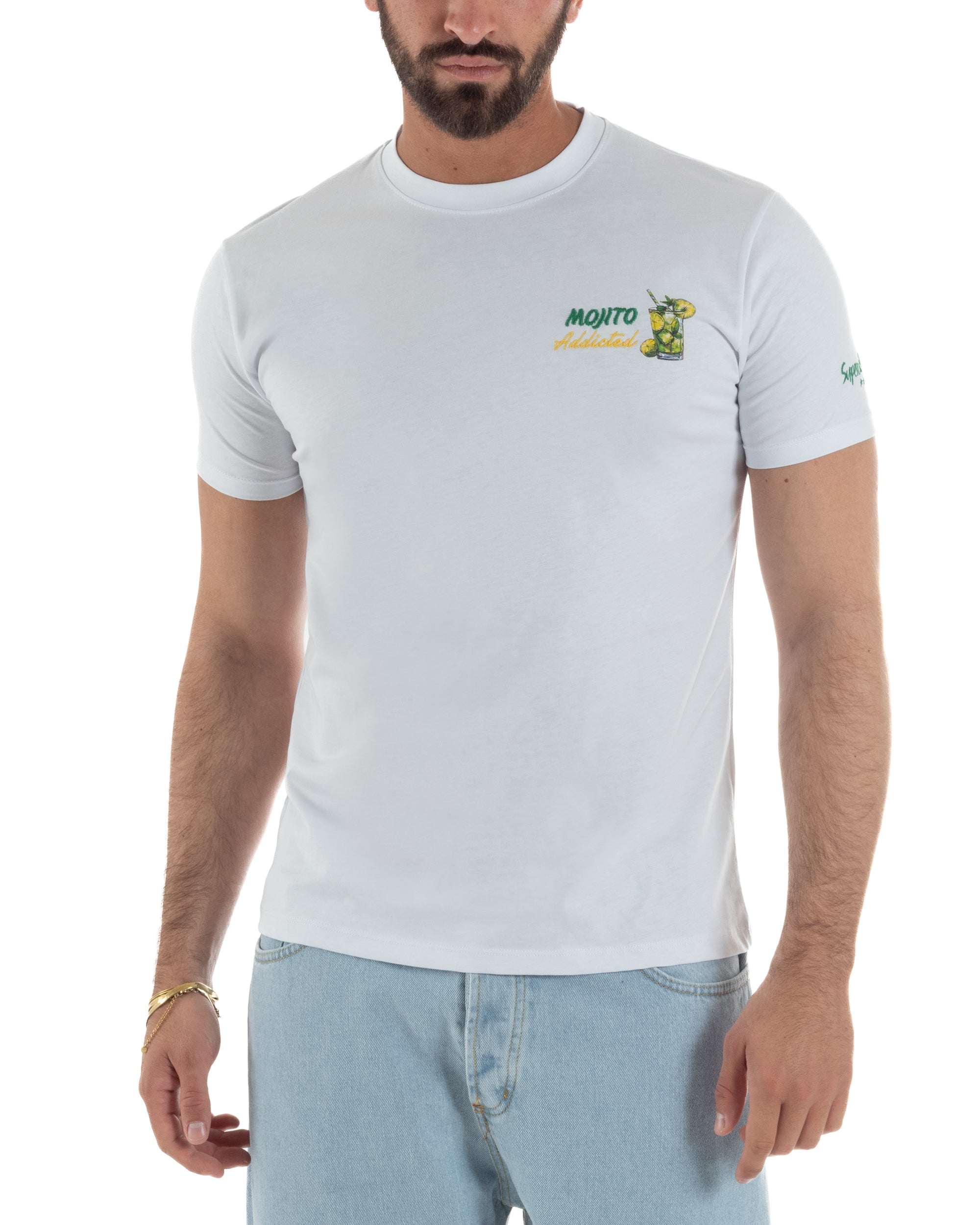 T-shirt uomo bianco regular fit ricamo Mojito Addicted bicchiere highball Superculture