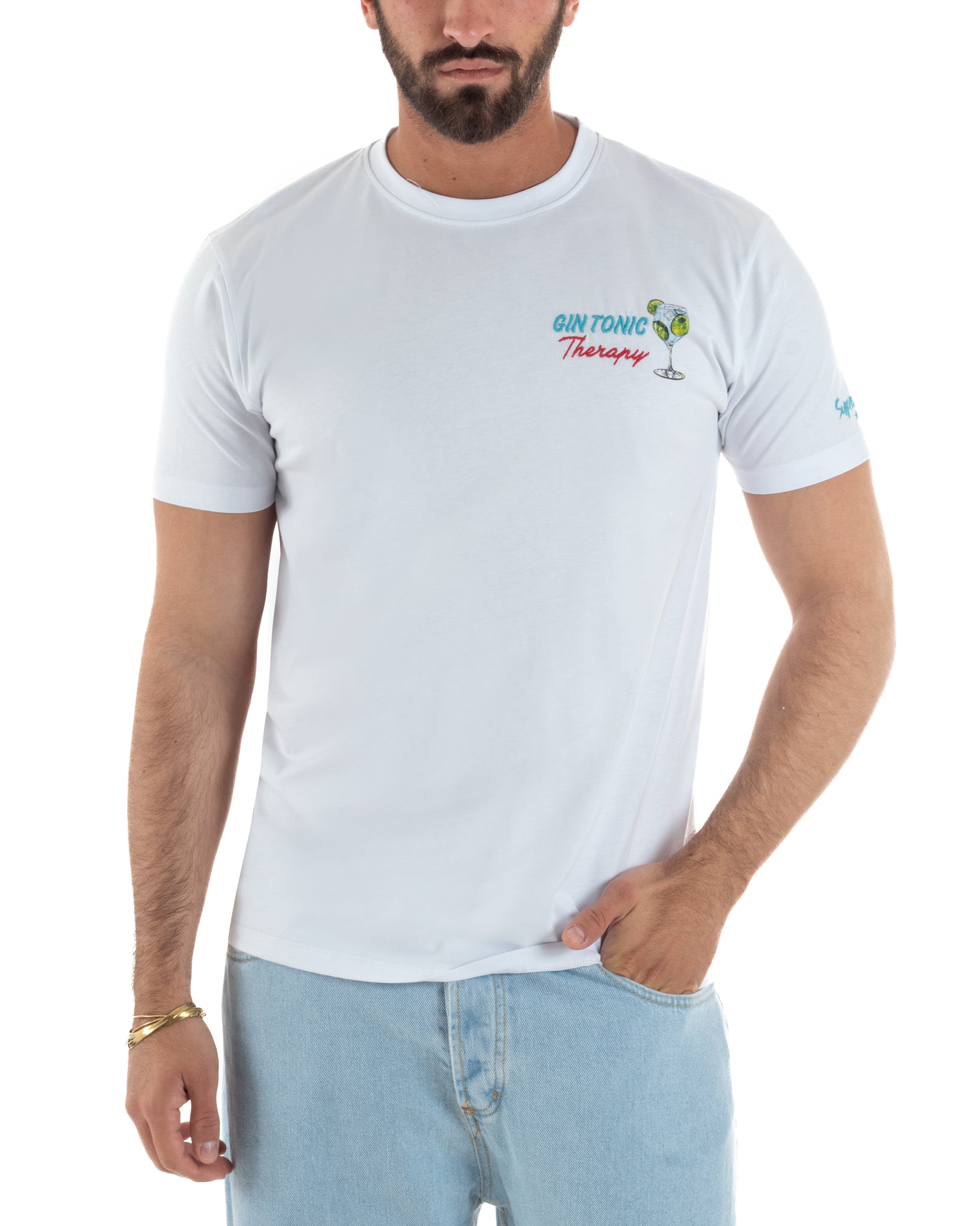 T-shirt uomo bianco regular fit ricamo Gin Tonic Therapy calice balloon Superculture