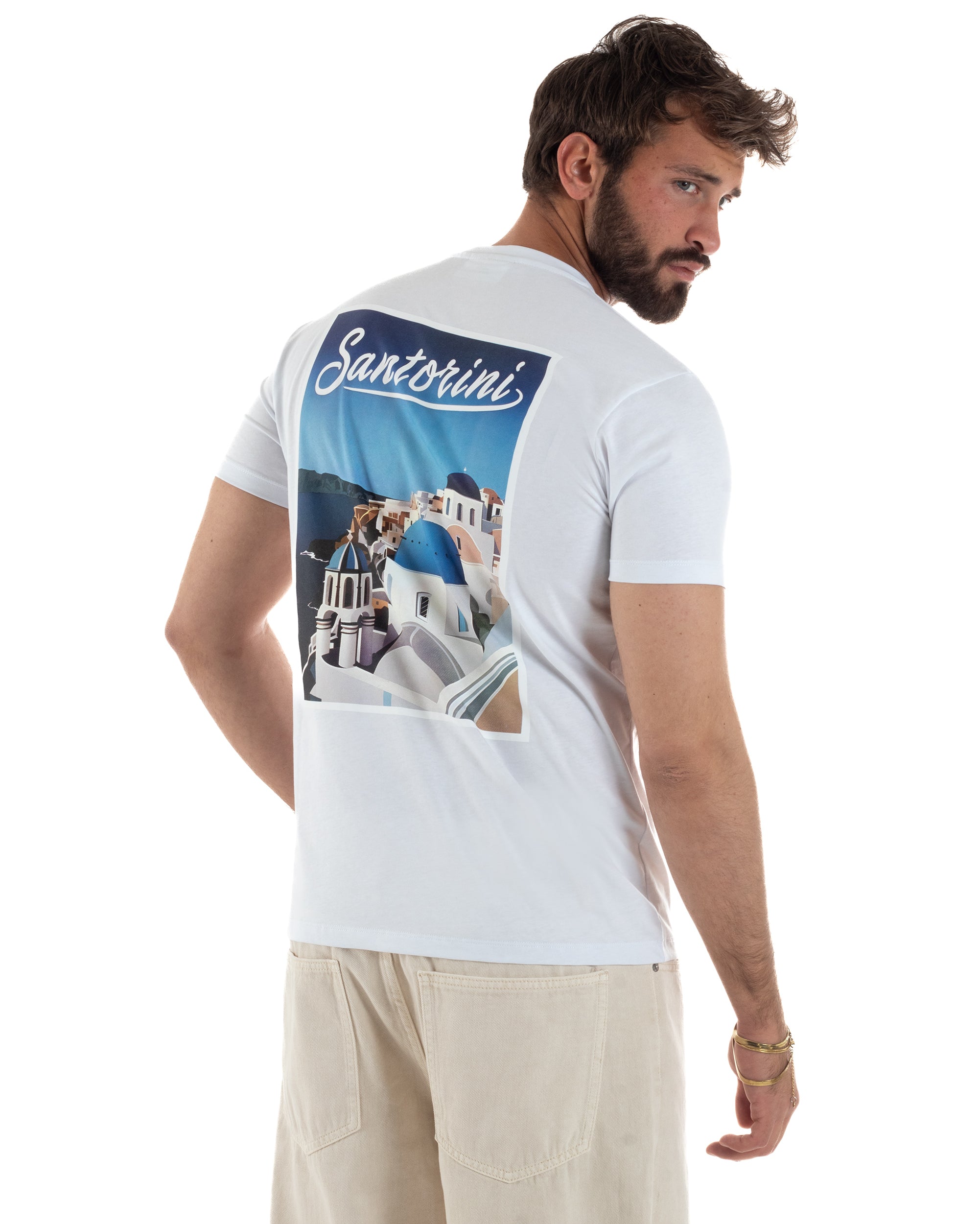 T-shirt uomo girocollo ricamo stampa santorini basic bianco SUPERCULTURE-A1831