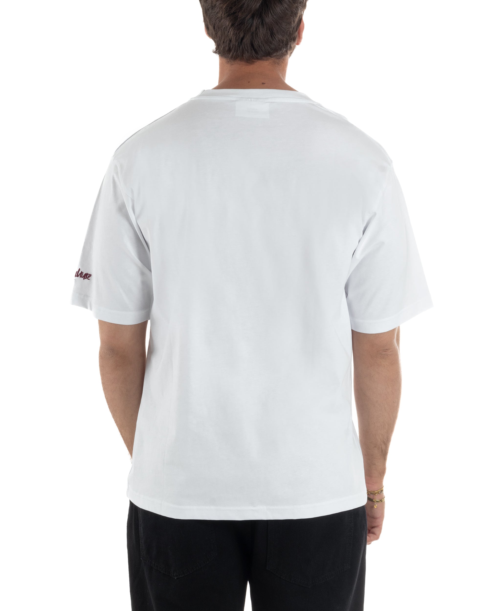Vista posteriore t-shirt uomo bianco boxy fit girocollo stampa ironica 100% cotone made in Italy