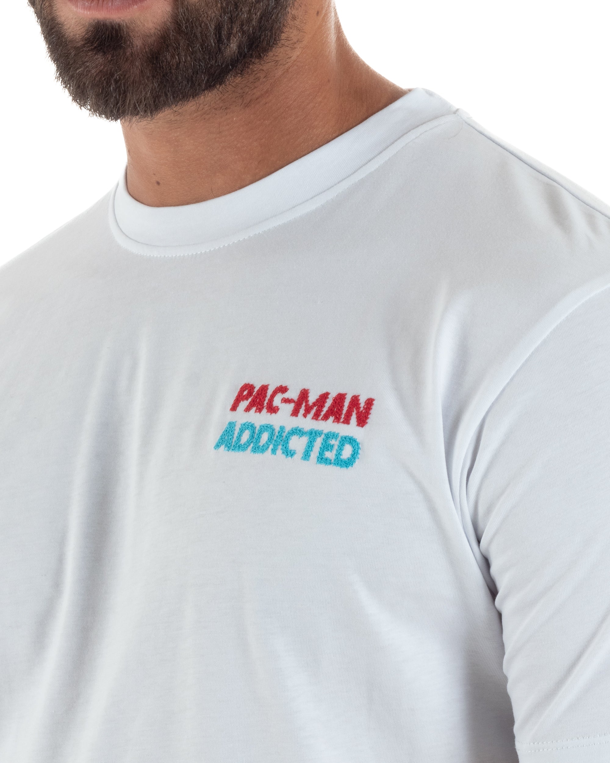 T-shirt uomo girocollo ricamo stampa pac man basic bianco SUPERCULTURE-A1981