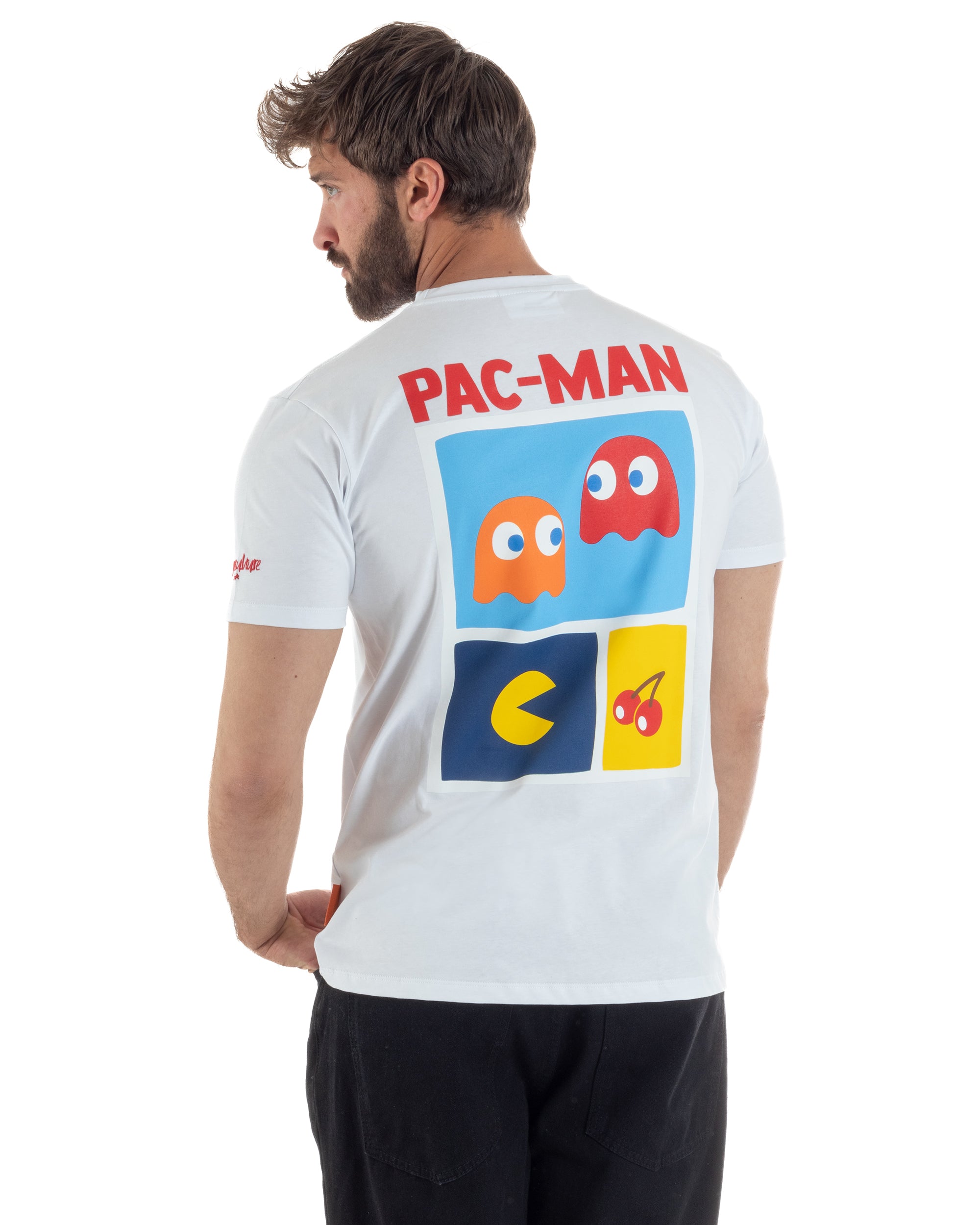 T-shirt uomo girocollo ricamo stampa pac man basic bianco SUPERCULTURE-A1981