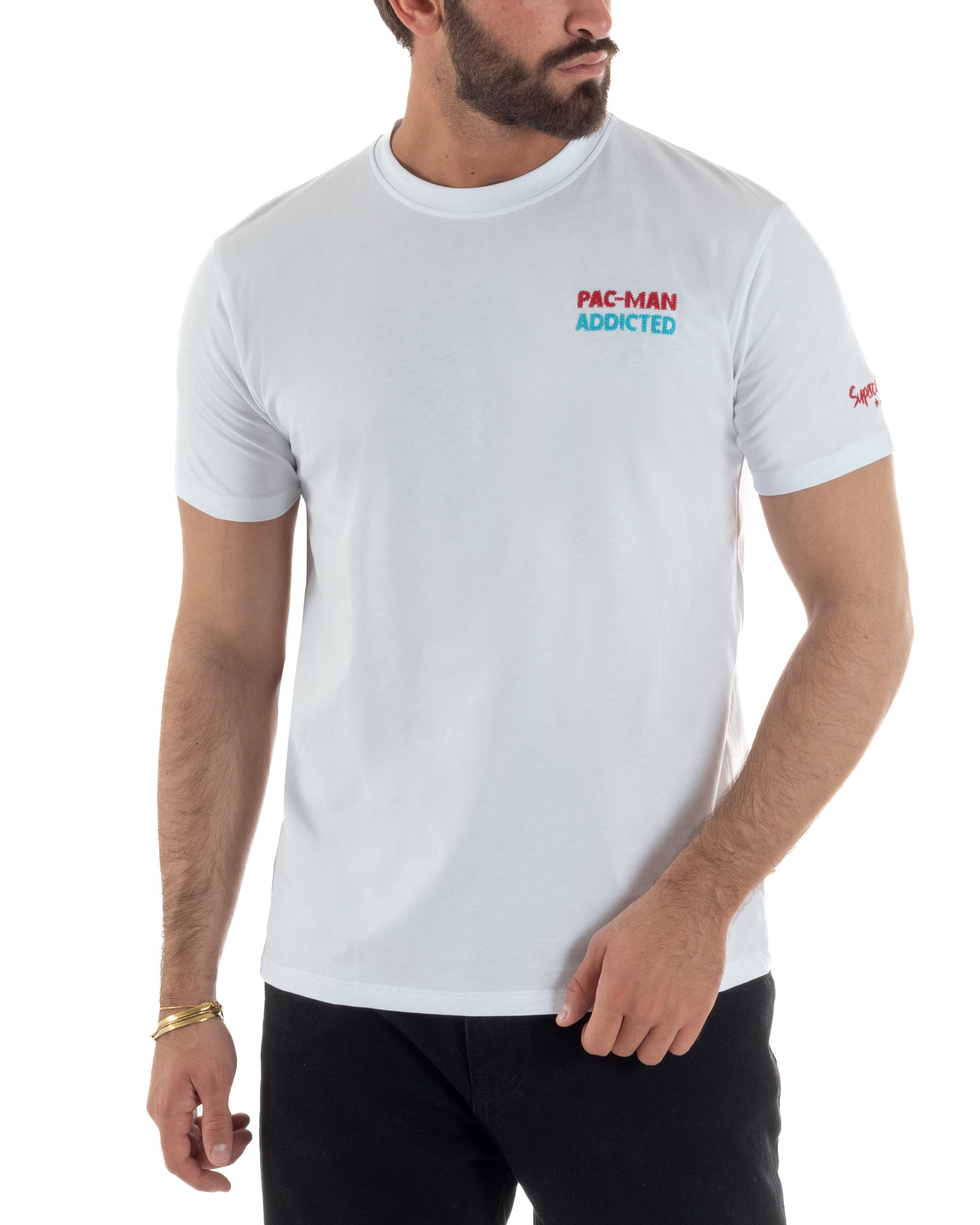 T-shirt uomo girocollo ricamo stampa pac man basic bianco SUPERCULTURE-A1981