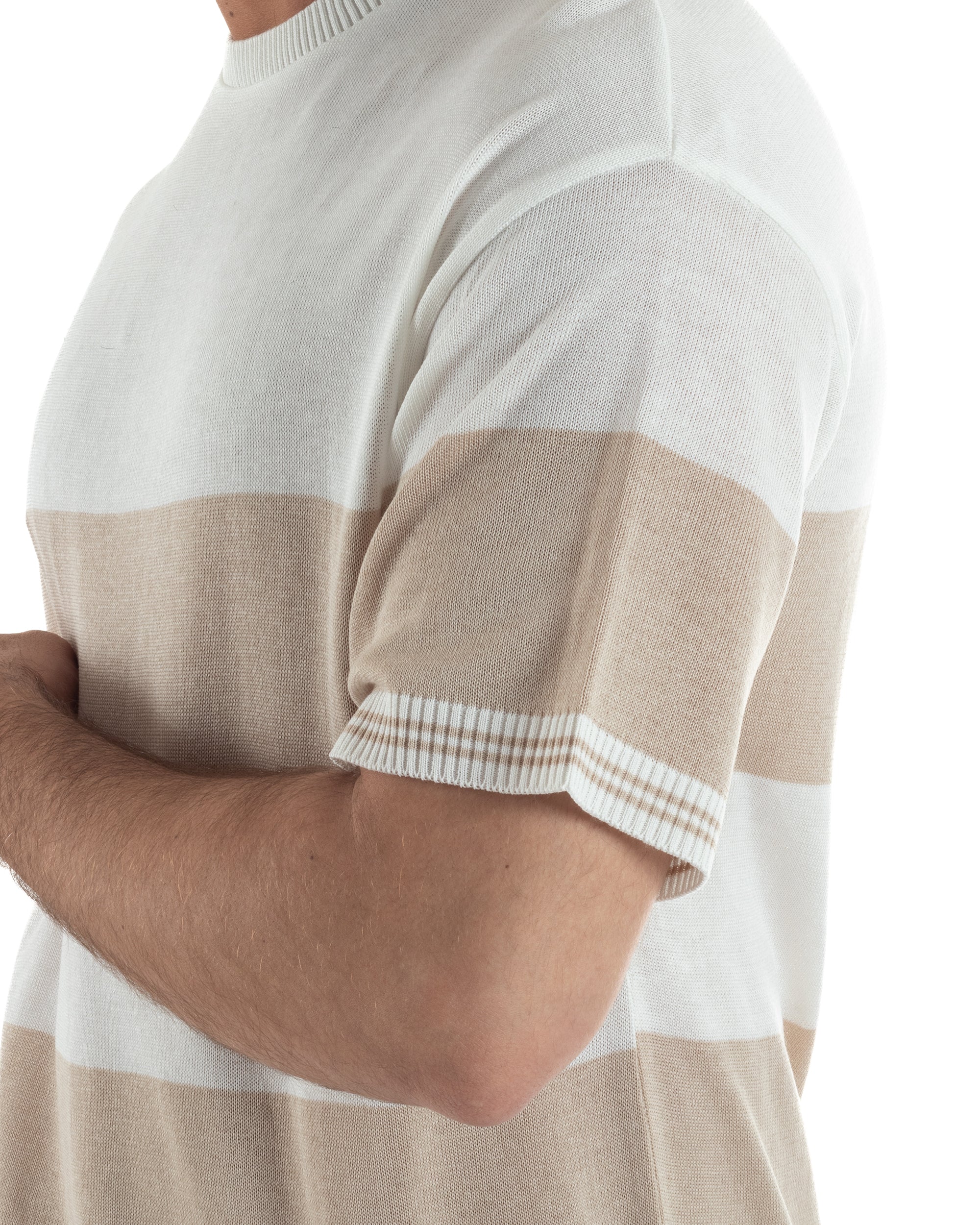 Vista laterale t-shirt filo uomo bicolore righe maxi spalla scesa spacco laterale