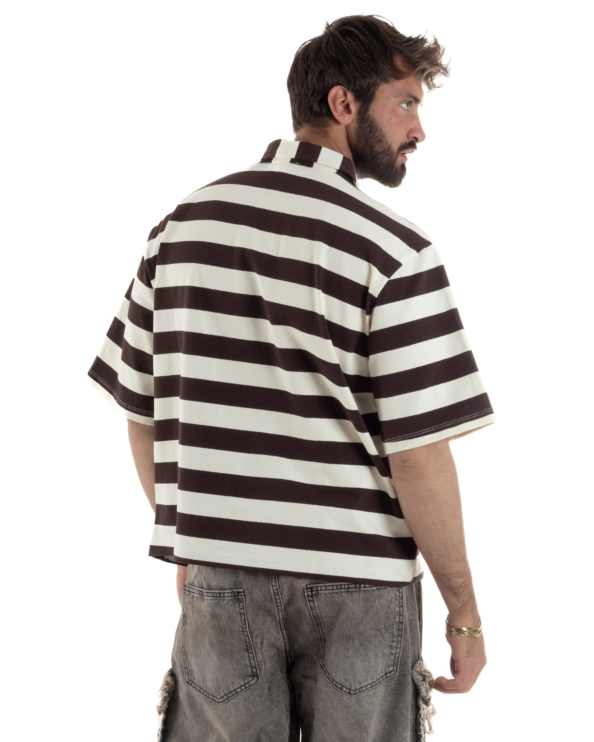 Polo uomo t-shirt boxy crop con zip righe larghe panna marrone GIOSAL-TS3256A
