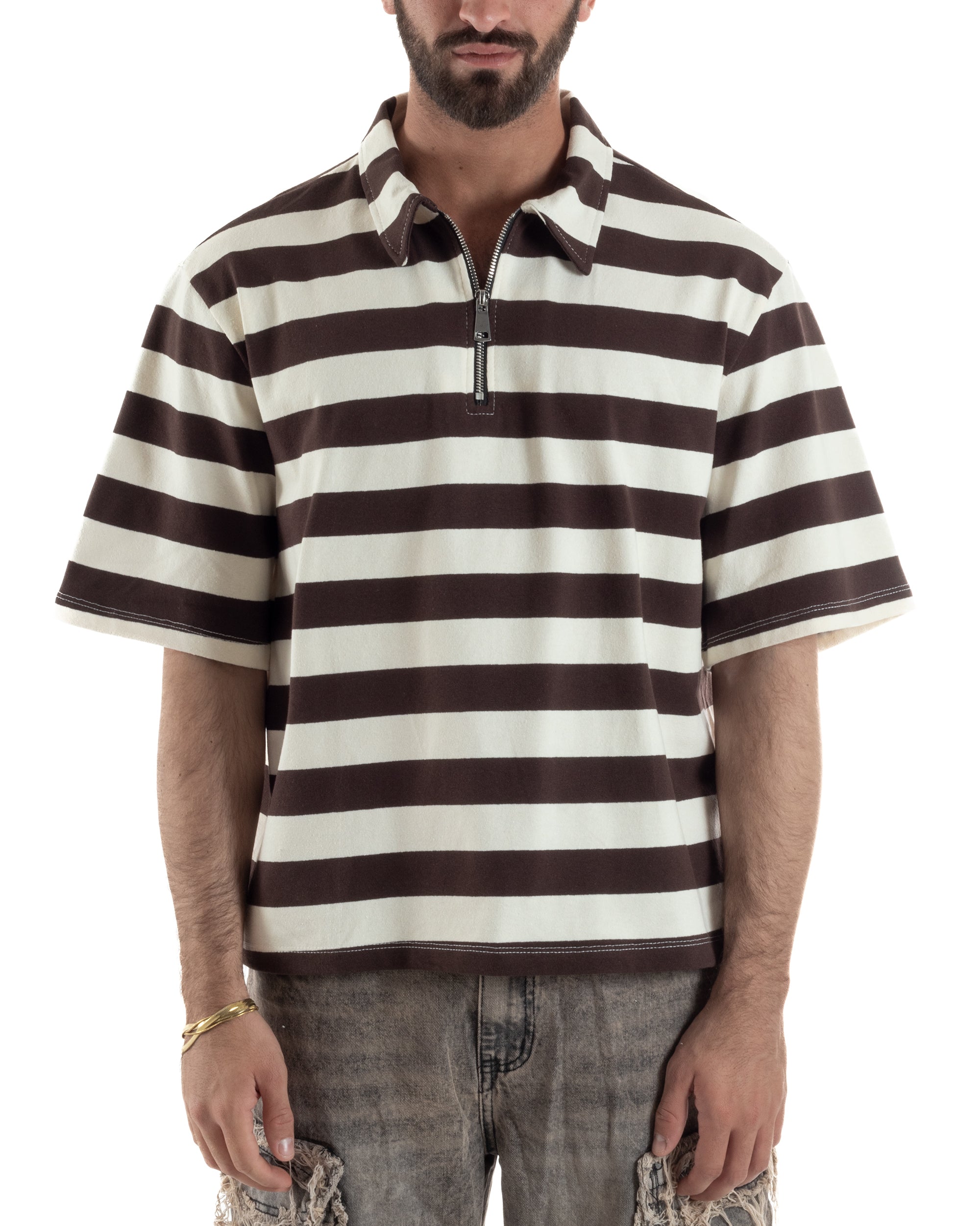 Polo uomo t-shirt boxy crop con zip righe larghe panna marrone GIOSAL-TS3256A