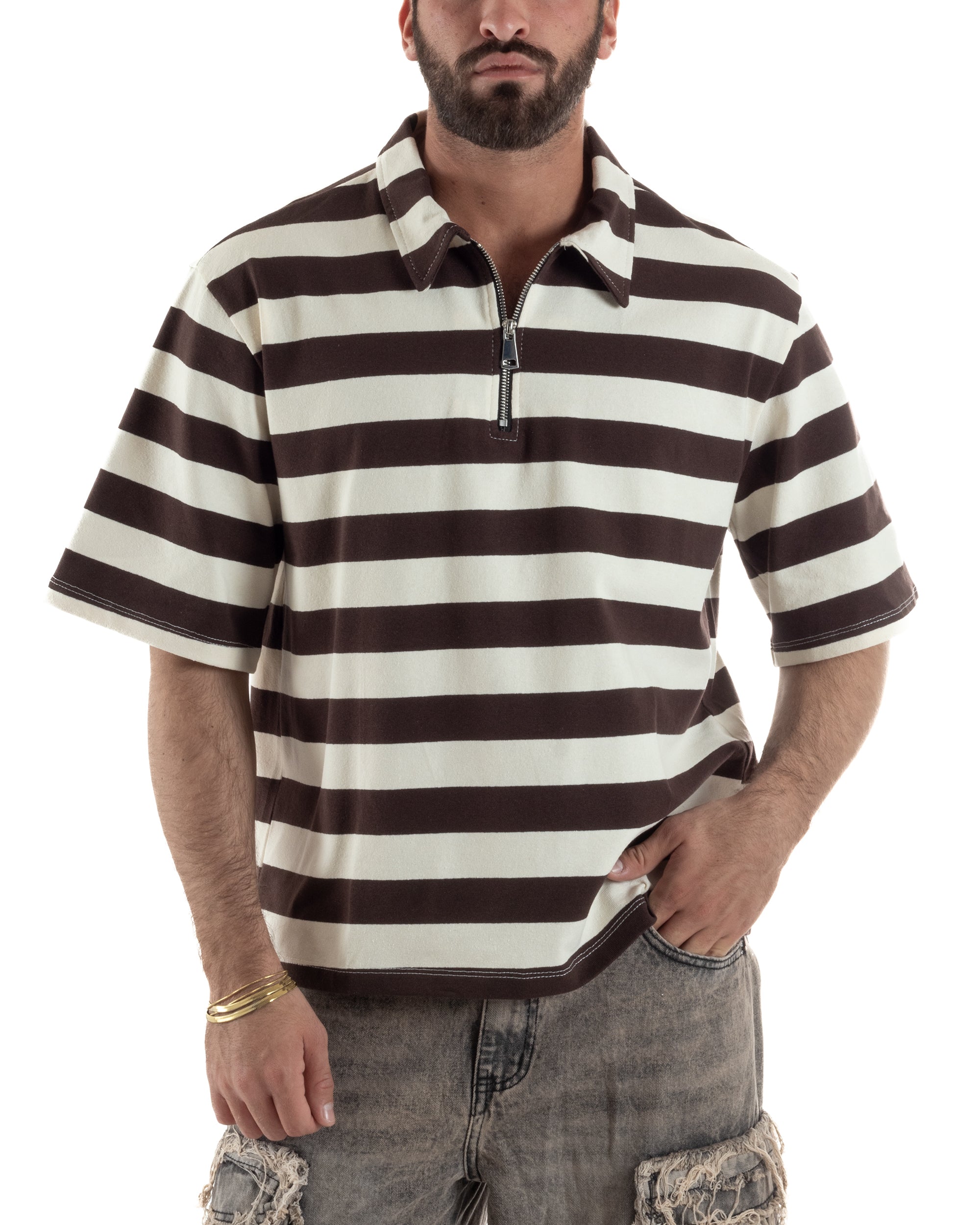 Polo uomo t-shirt boxy crop con zip righe larghe panna marrone GIOSAL-TS3256A