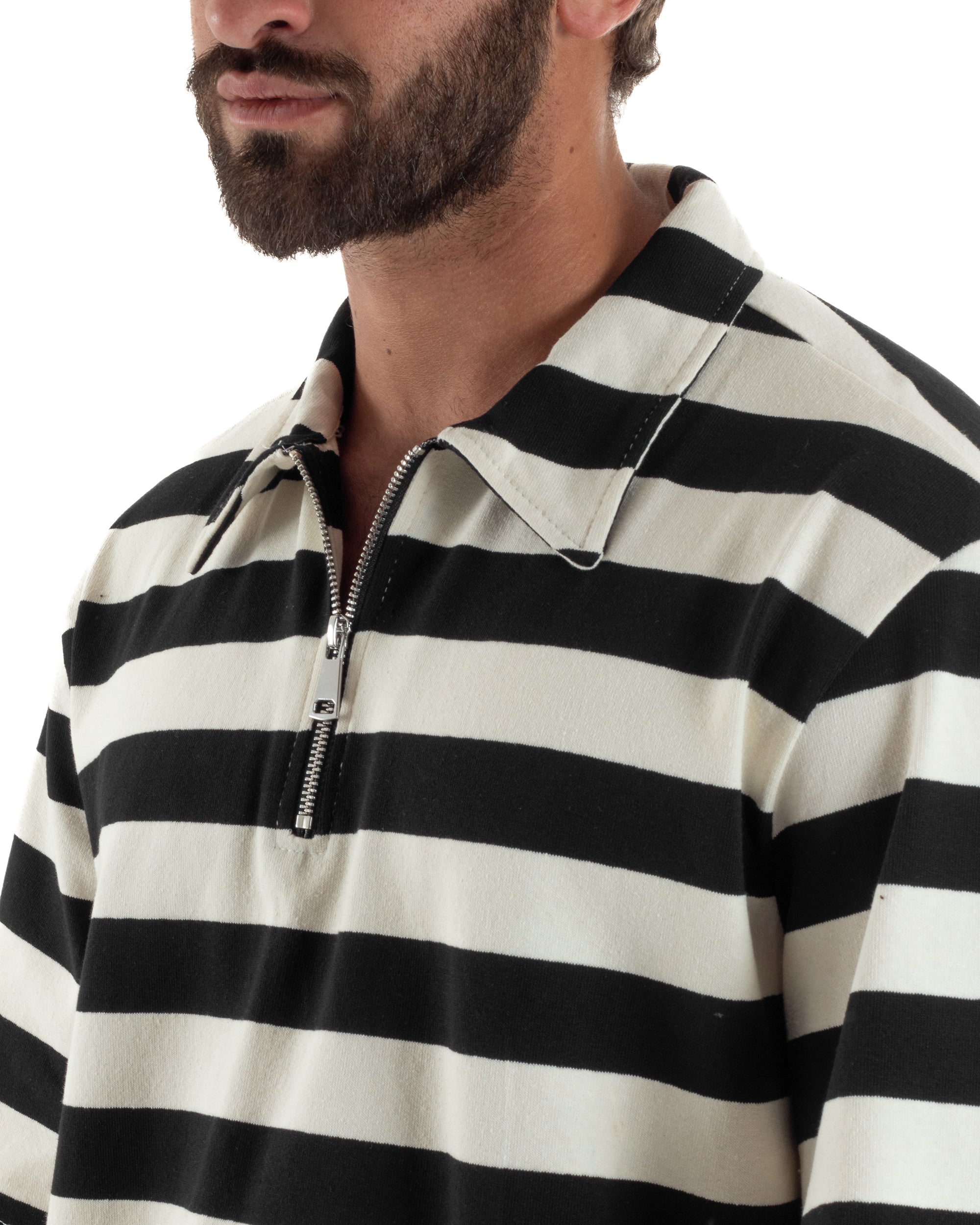 Polo uomo t-shirt boxy crop con zip righe larghe panna nero GIOSAL-TS3257A