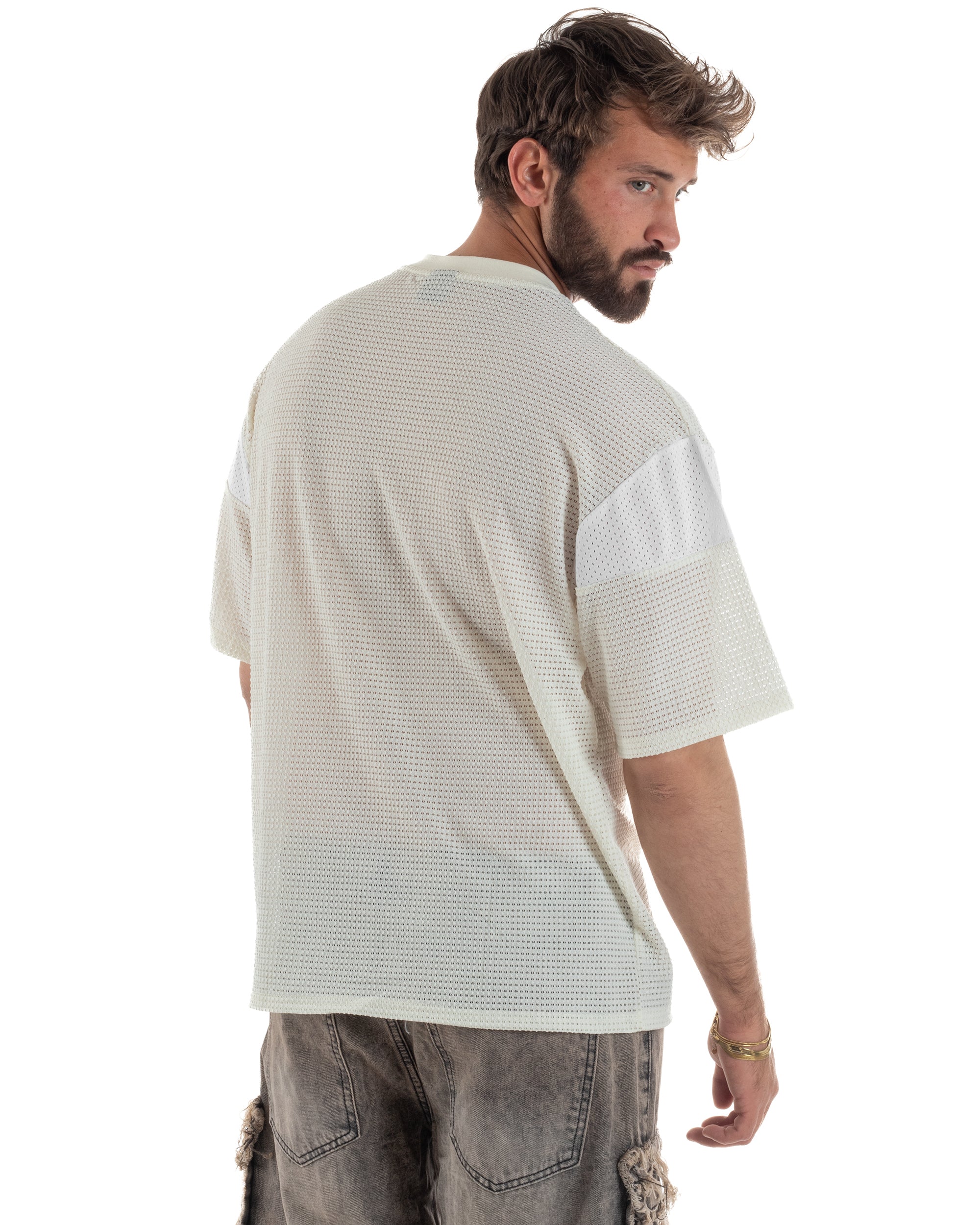 T-shirt uomo oversize football jersey scollo v traforata panna GIOSAL-TS3258A
