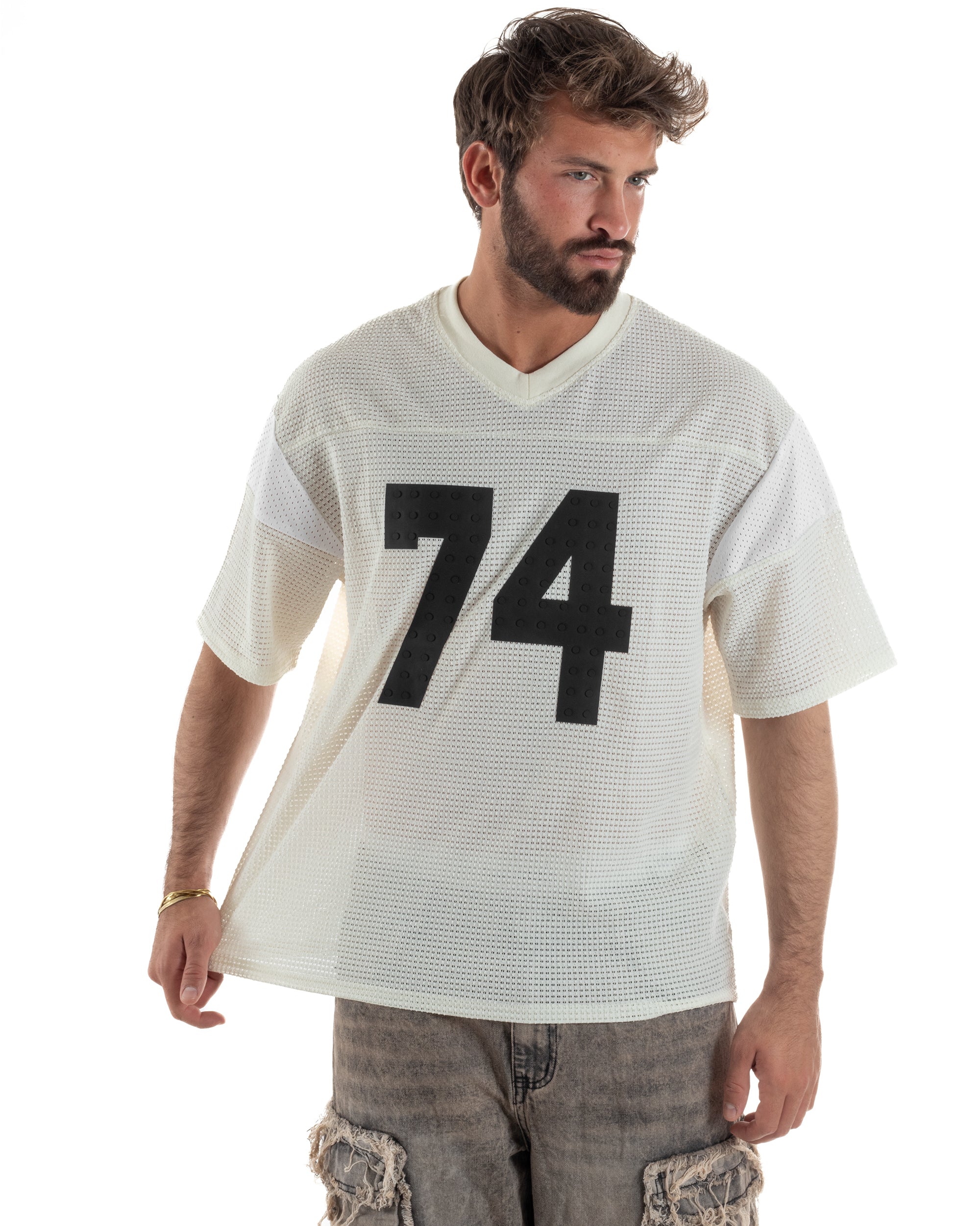 T-shirt uomo oversize football jersey scollo v traforata panna GIOSAL-TS3258A