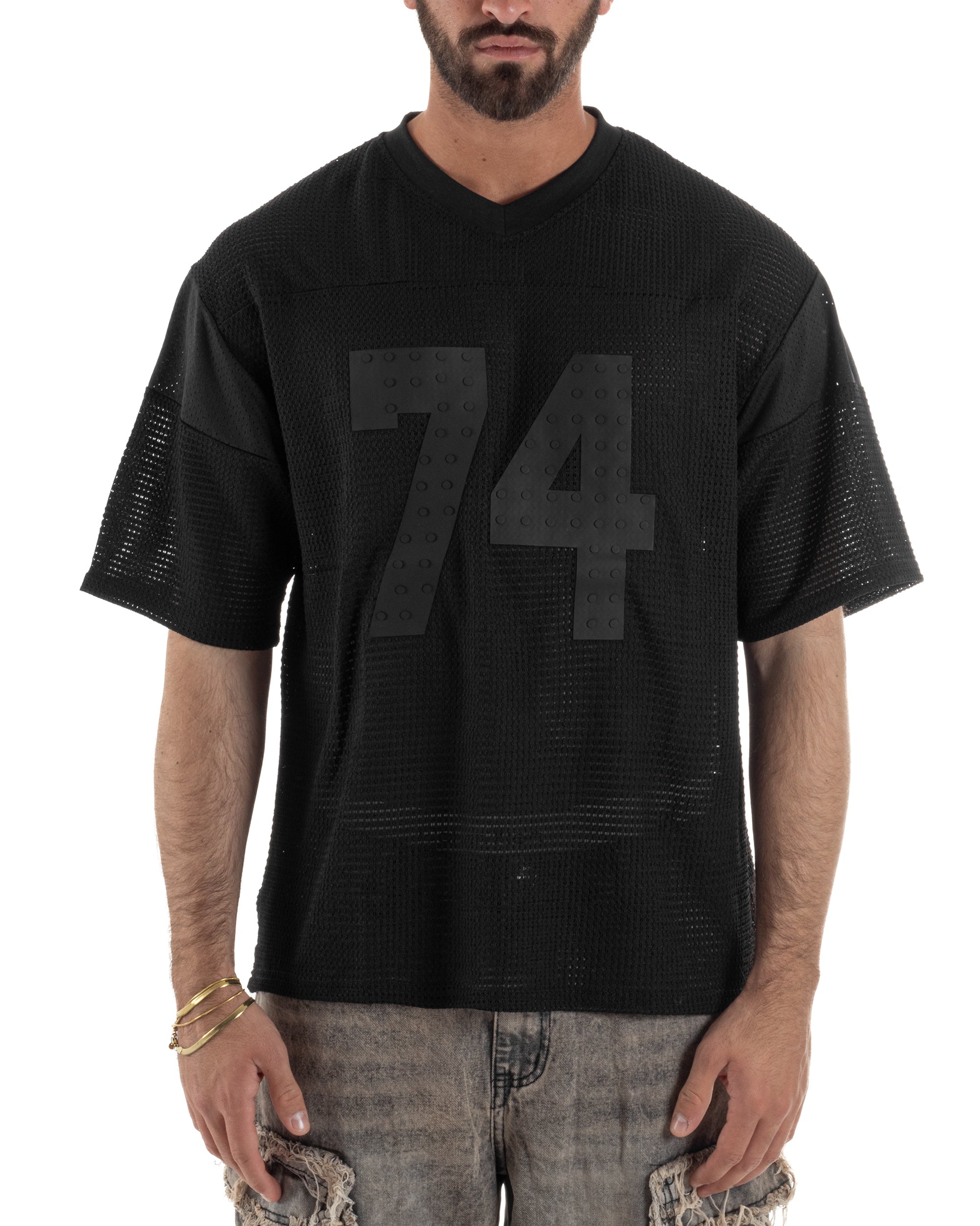 T-shirt uomo oversize football jersey scollo v traforata nero GIOSAL-TS3259A