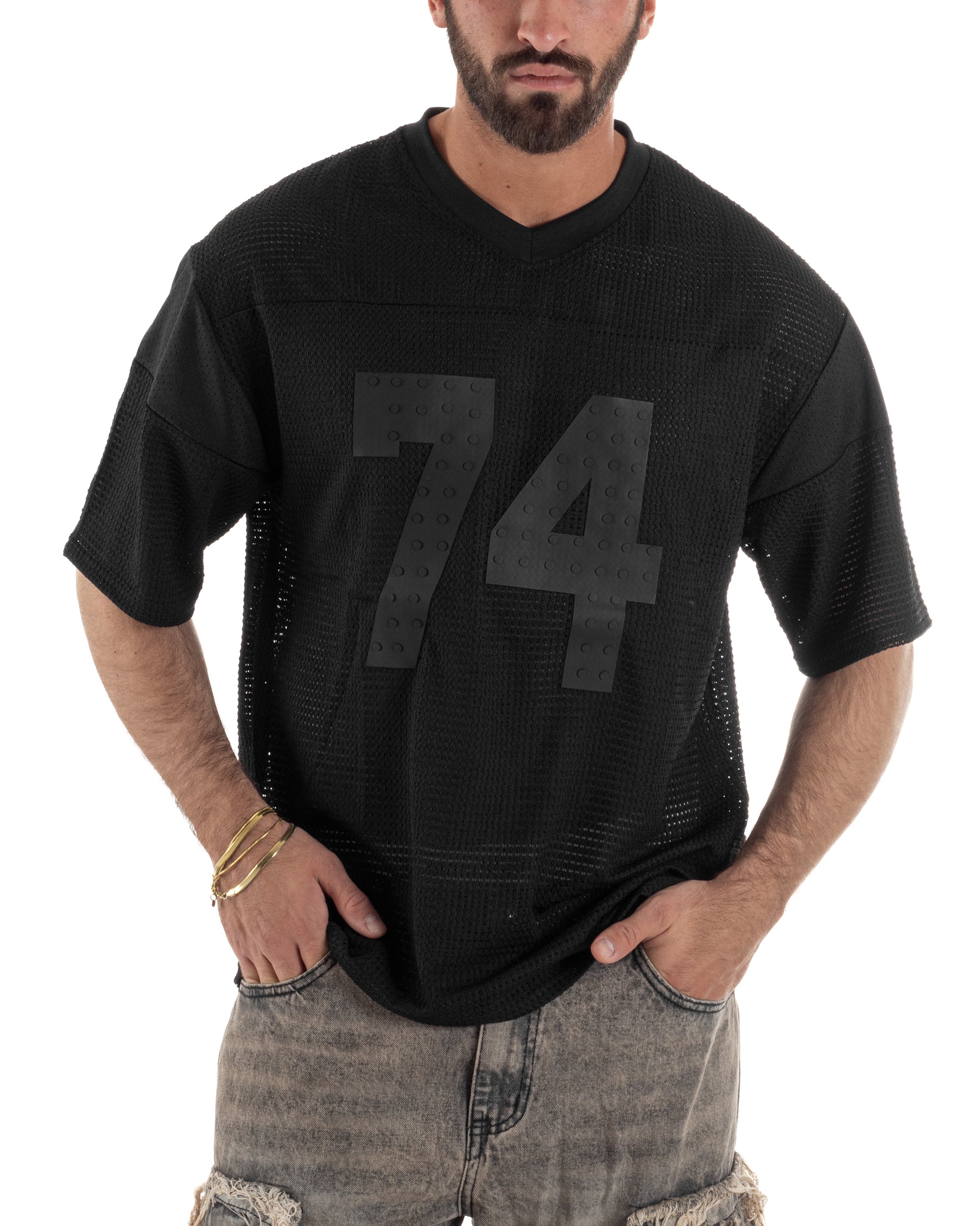 T-shirt uomo oversize football jersey scollo v traforata nero GIOSAL-TS3259A