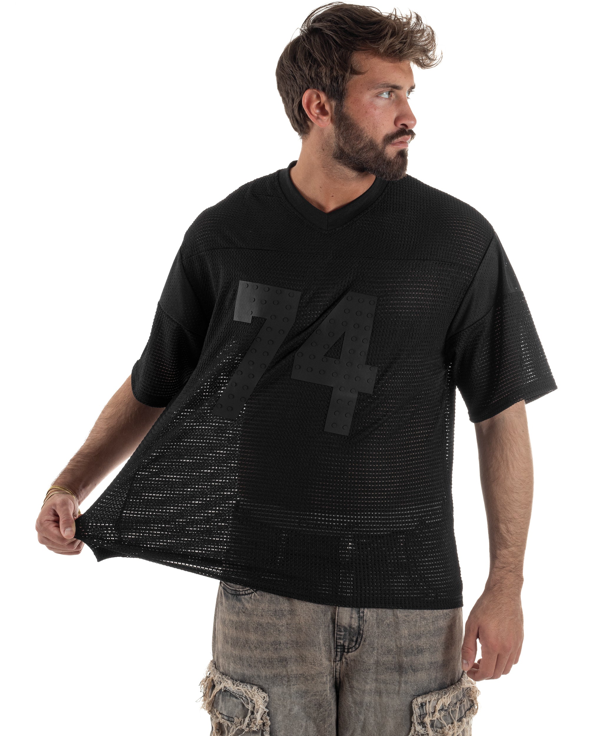 T-shirt uomo oversize football jersey scollo v traforata nero GIOSAL-TS3259A