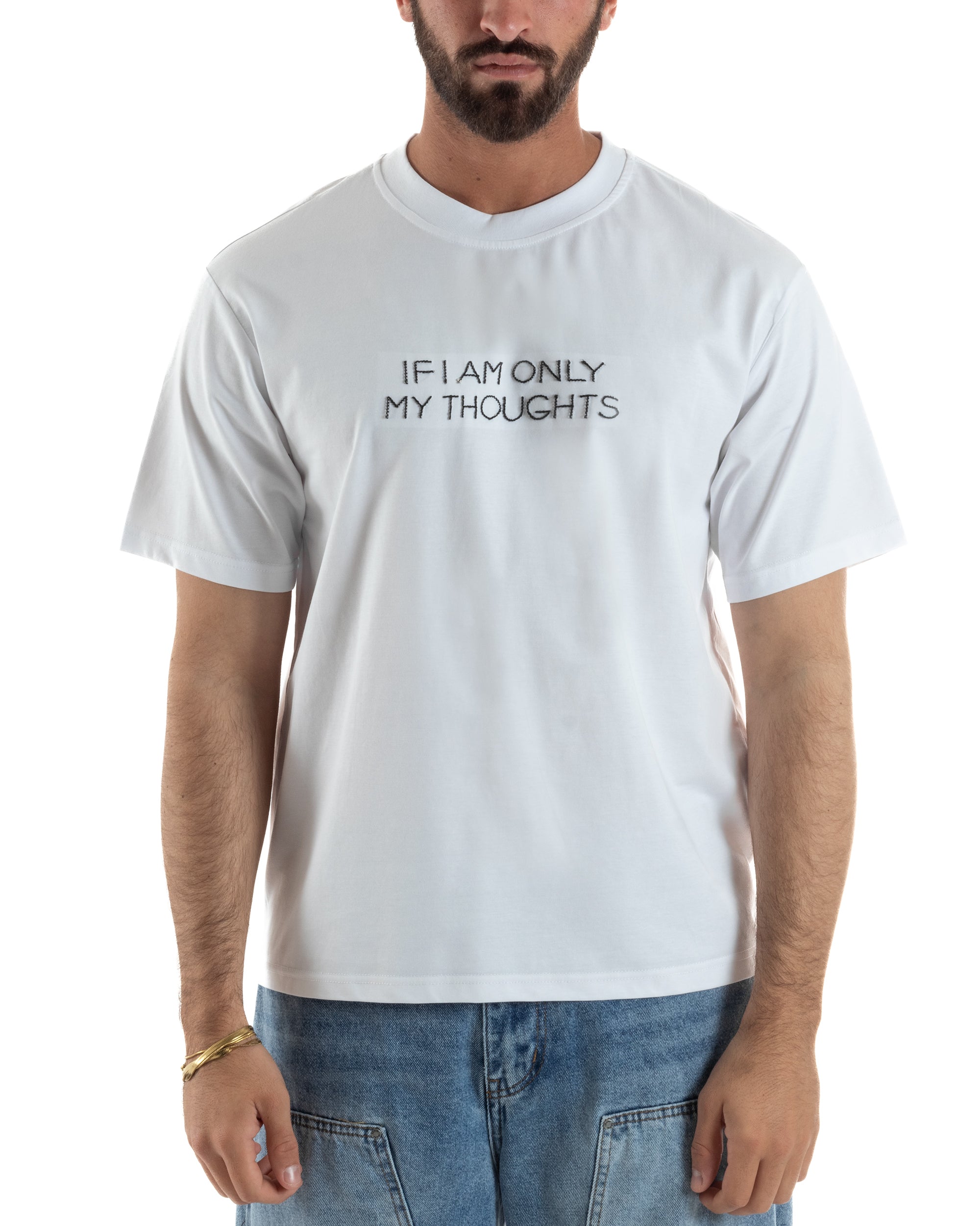 T-shirt uomo girocollo cotone ricamo stampa basic bianco GIOSAL-TS3265A