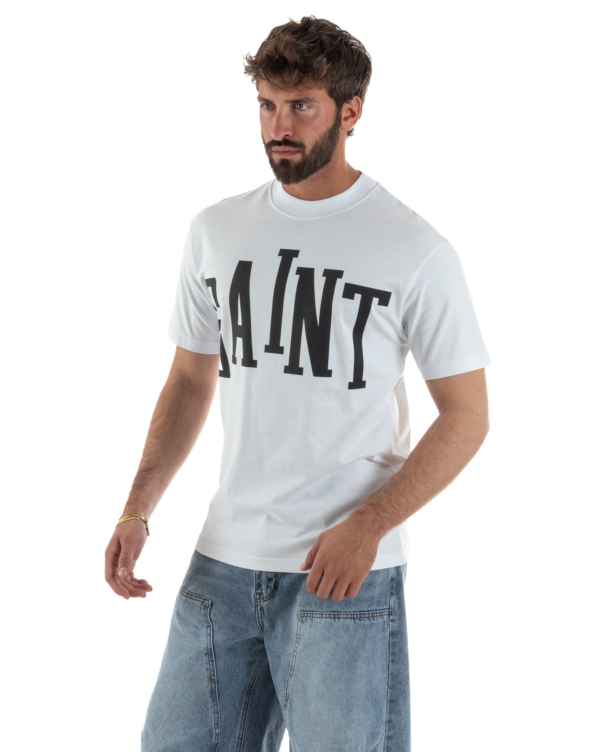 Vista completa t-shirt uomo bianco stampa Saint college streetwear regular fit 100% cotone