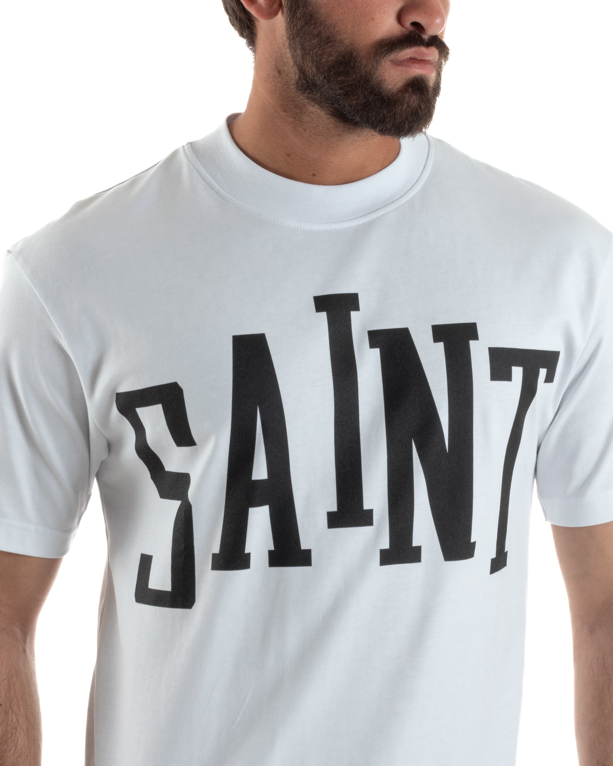 Dettaglio maxi stampa Saint serif arco girocollo costina doppia rinforzata t-shirt bianco uomo