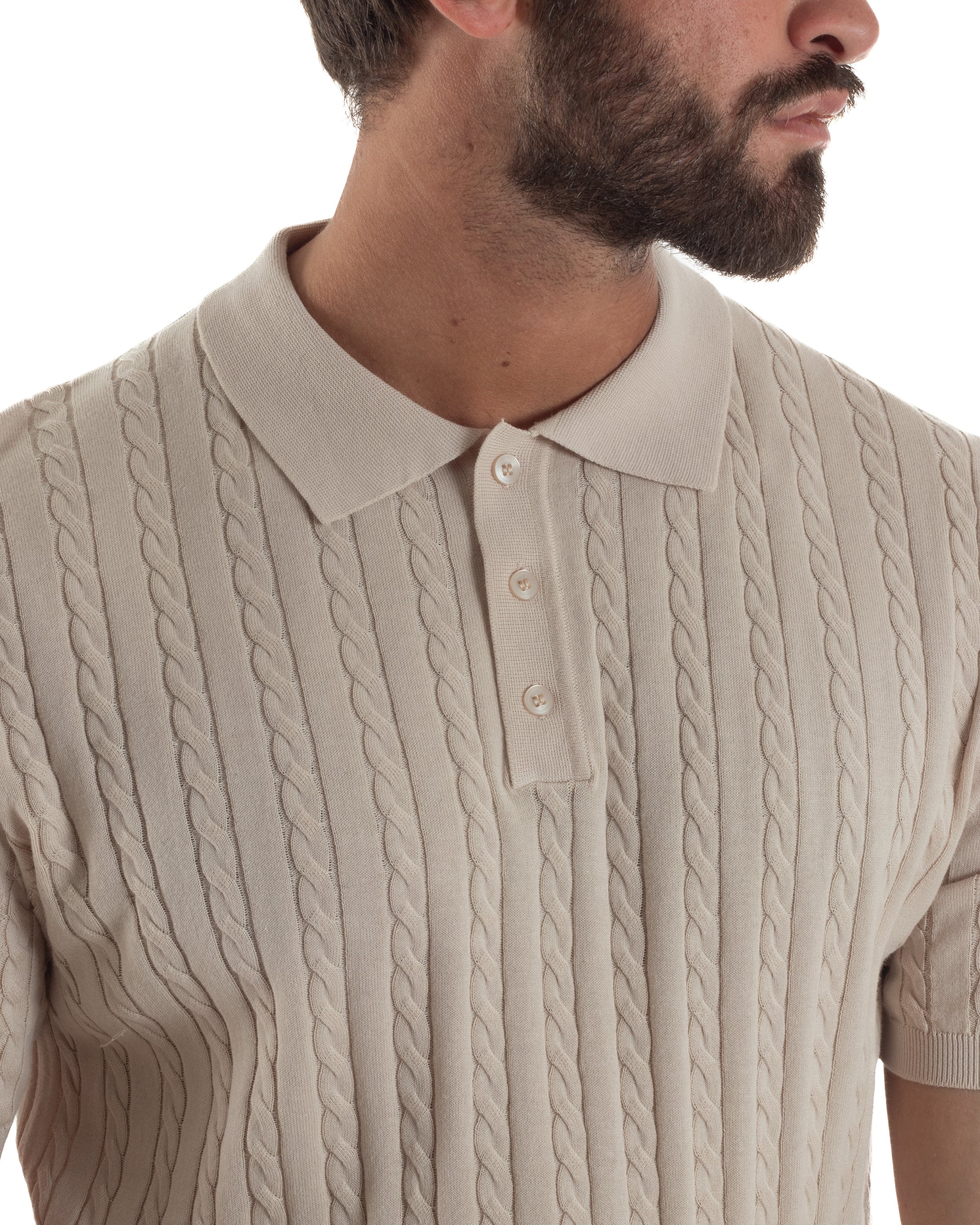 Polo uomo filo maglia trecce colletto con bottoni t-shirt sottogiacca beige GIOSAL-TS3268A