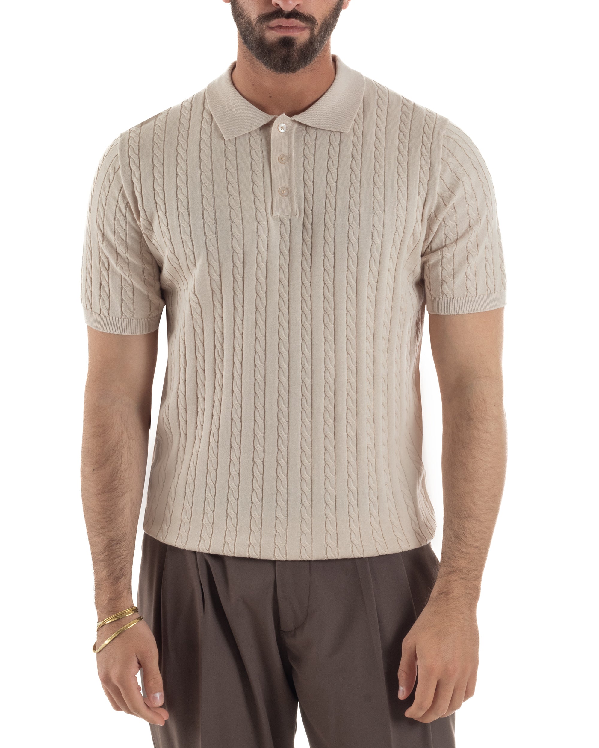Polo uomo filo maglia trecce colletto con bottoni t-shirt sottogiacca beige GIOSAL-TS3268A