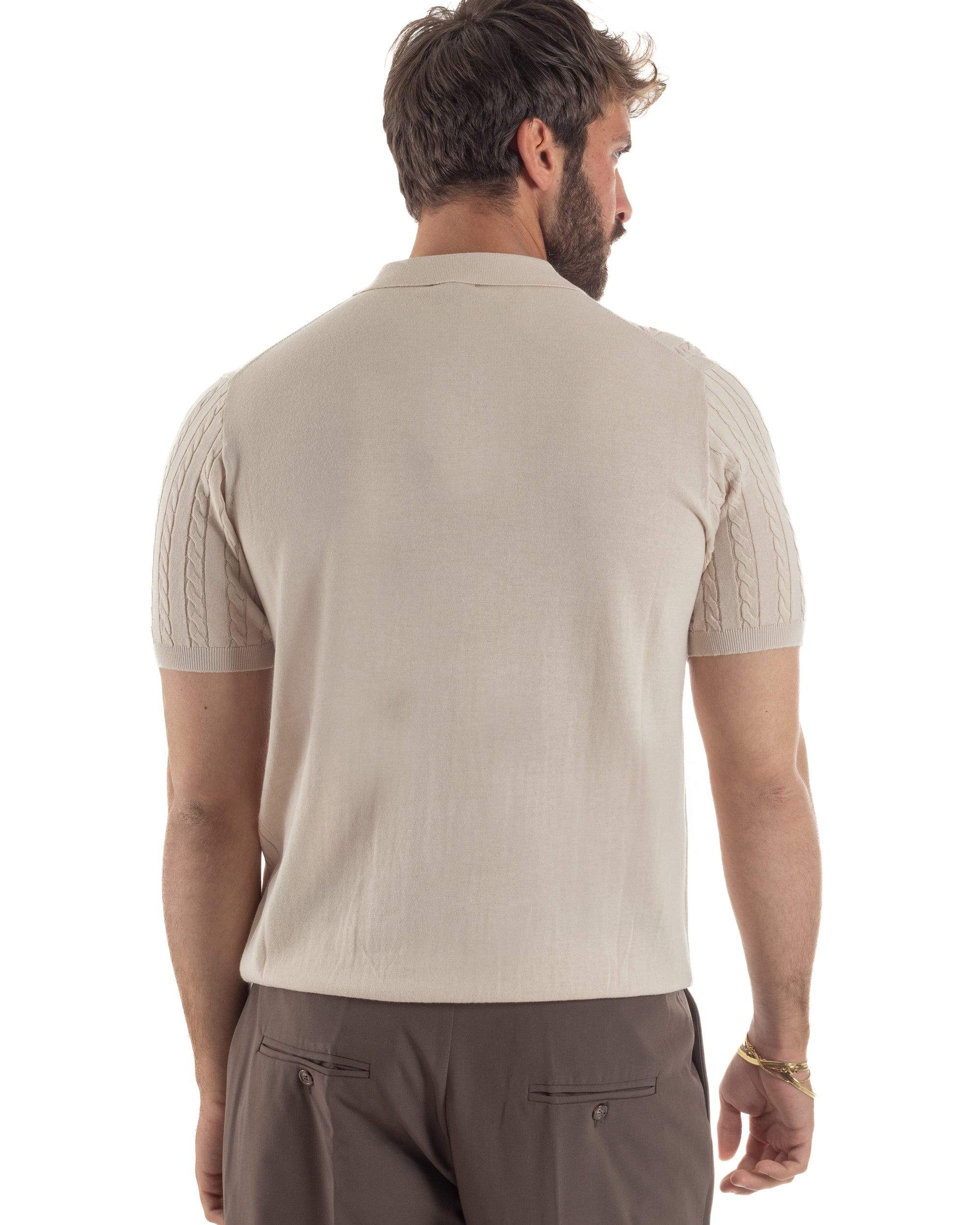 Polo uomo filo maglia trecce colletto con bottoni t-shirt sottogiacca beige GIOSAL-TS3268A