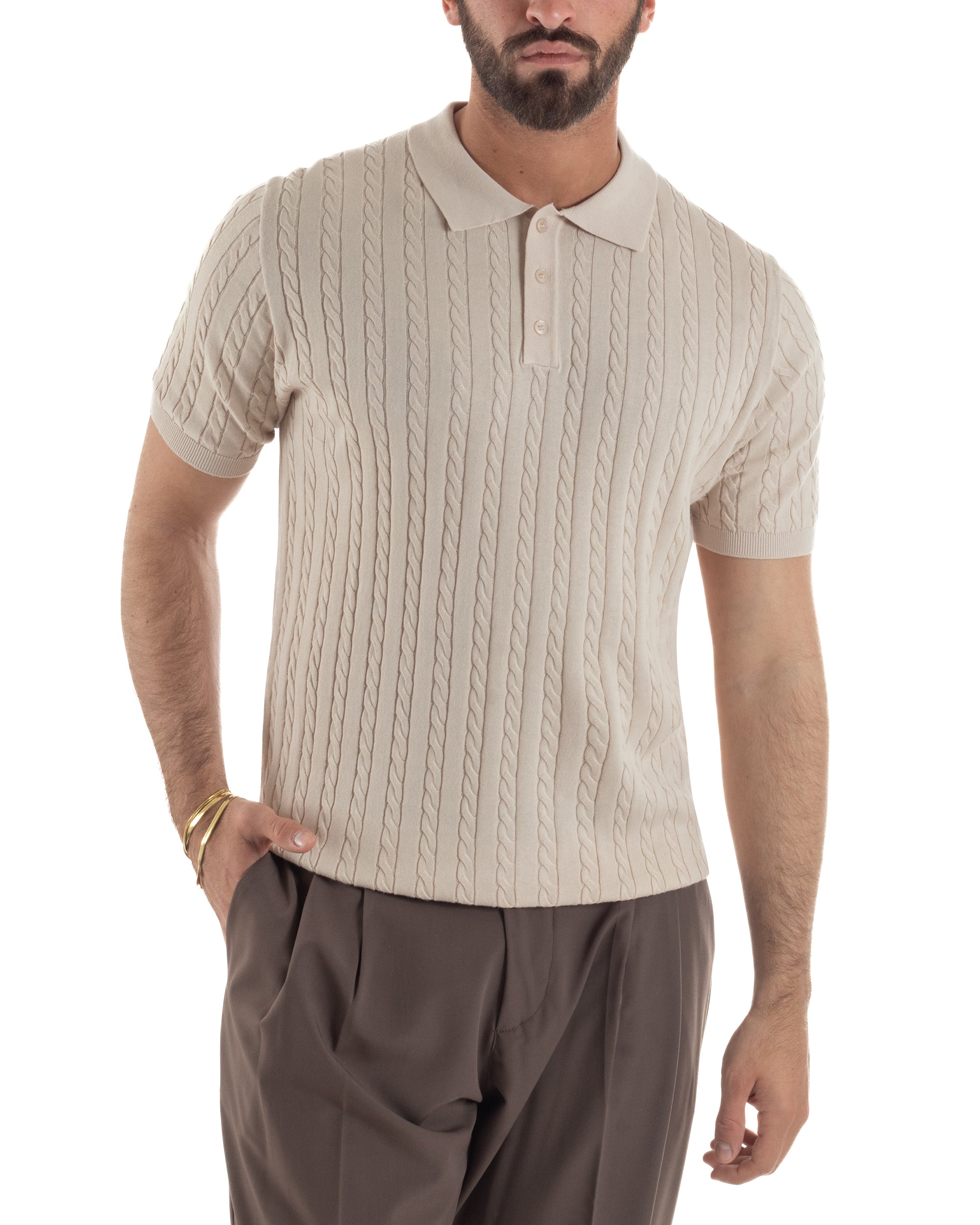 Polo uomo filo maglia trecce colletto con bottoni t-shirt sottogiacca beige GIOSAL-TS3268A